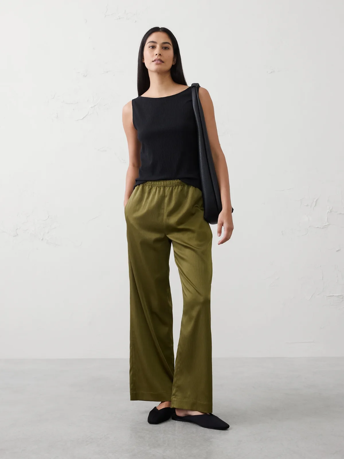 Wide-Leg High-Rise Crinkle Satin Pull-On Pant by Banana Republic