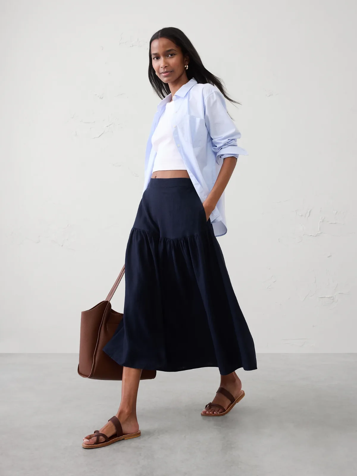 Linen-Blend Tiered Midi Skirt by Banana Republic