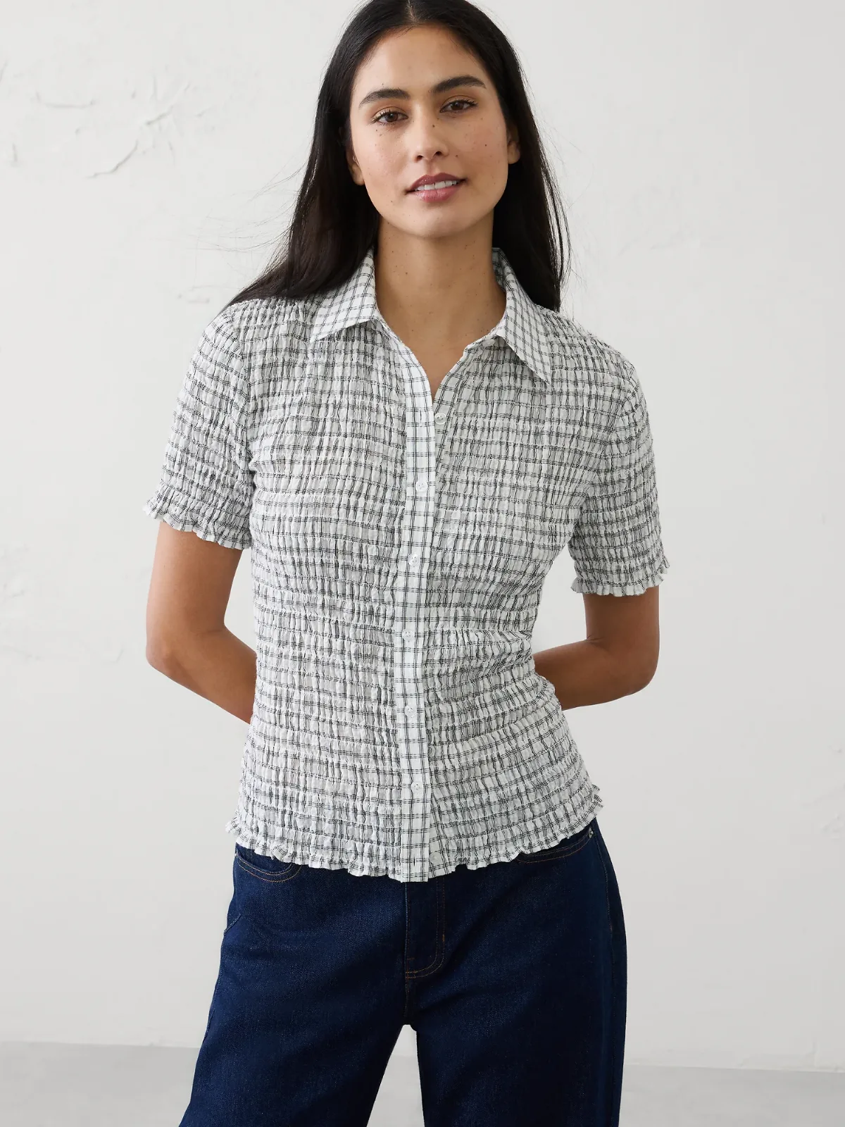 Seersucker Smocked Shirt by Banana Republic