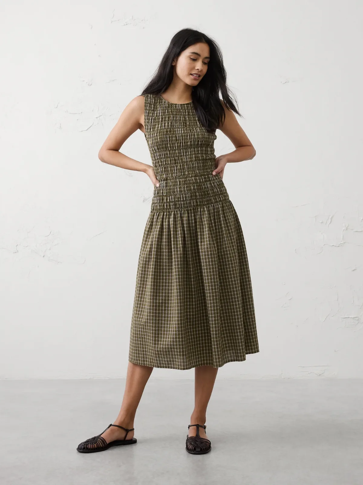 Seersucker Smocked Midi Dress by Banana Republic