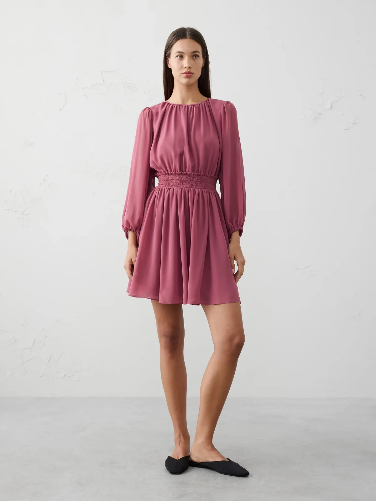 Smocked Volume-Sleeve Mini Fit-and-Flare Dress