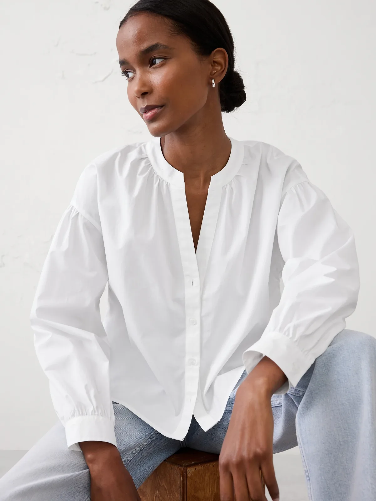 Poplin Puff-Sleeve Buttoned Top by Banana Republic