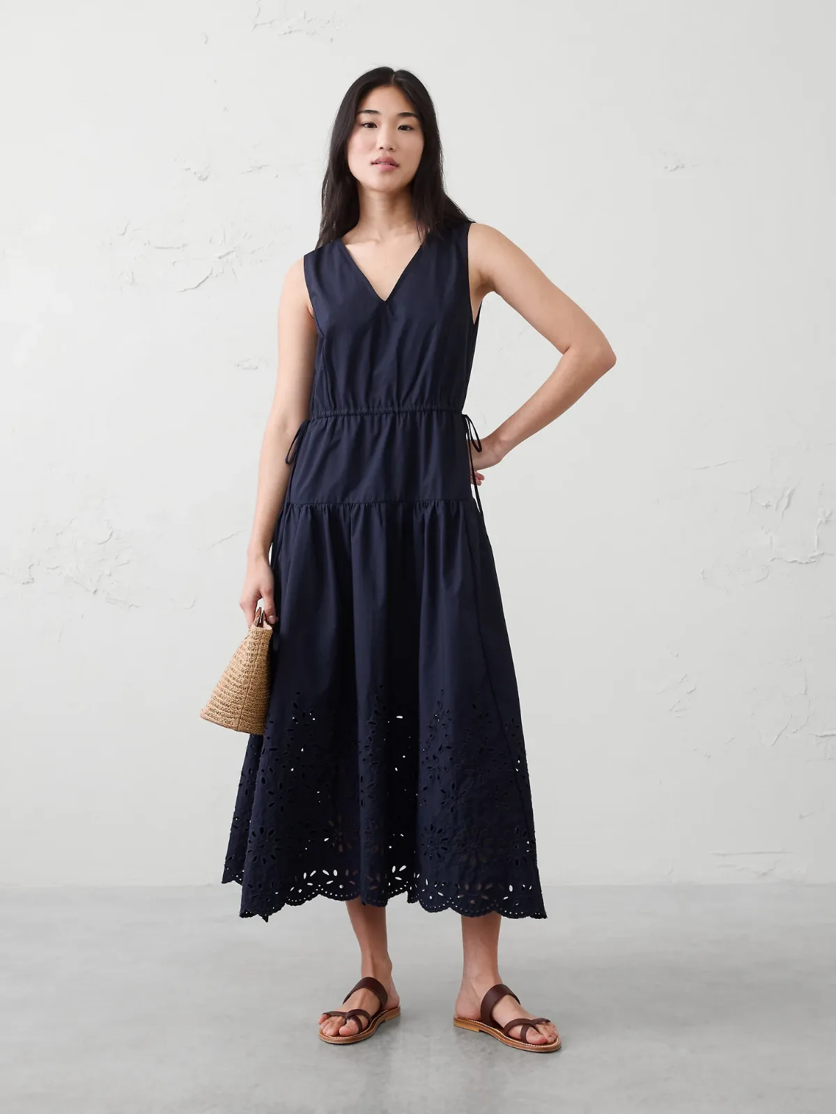 Poplin Eyelet-Hem Midi Dress by Banana Republic