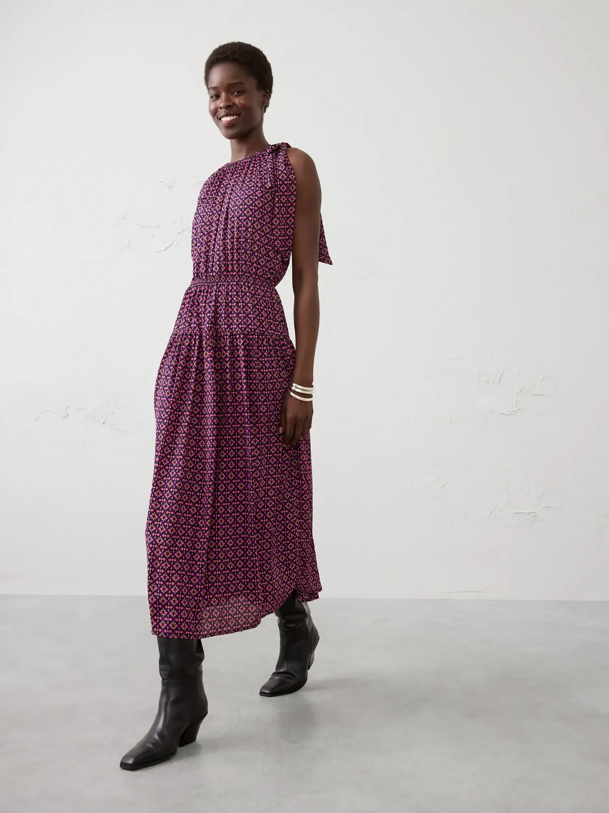 Shirred-Neck Drop-Waist Midi Dress by Banana Republic
