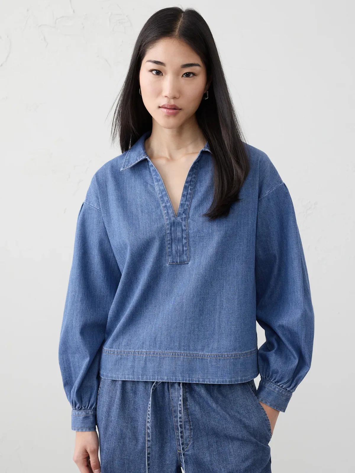 Denim Johnny-Collar Top by Banana Republic
