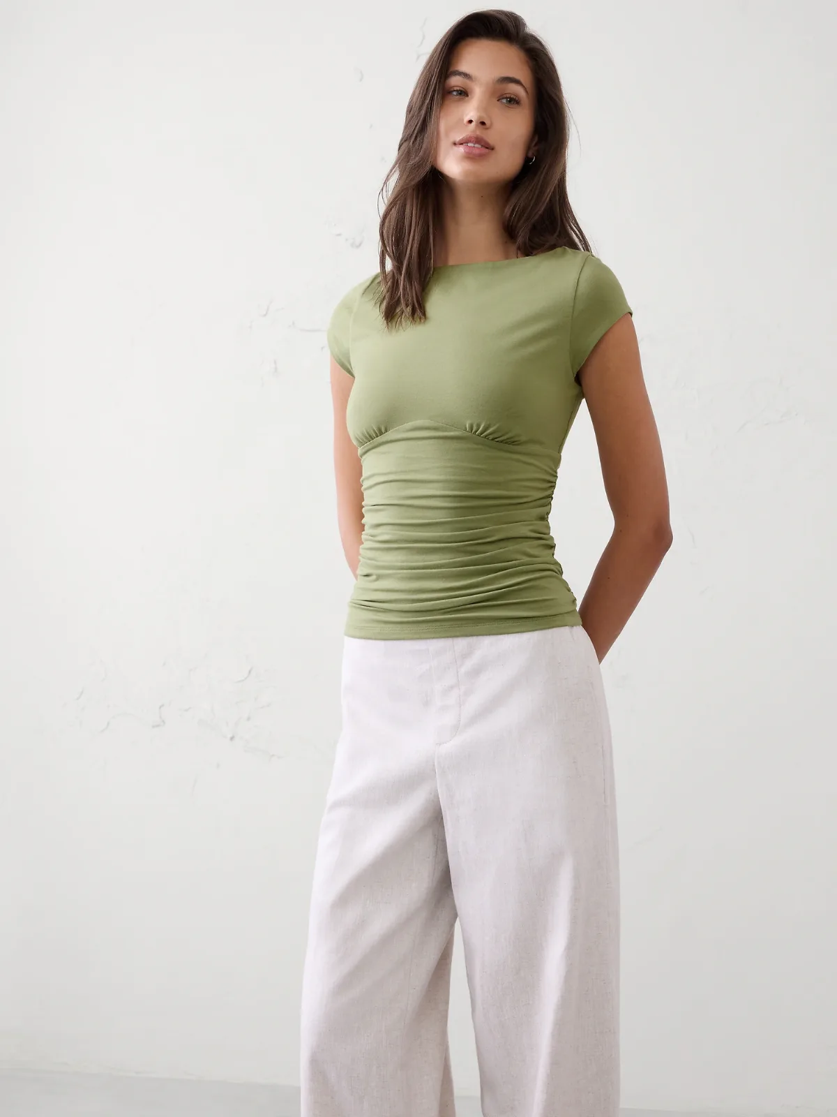 Soft Stretch Cap-Sleeve Ruched Top