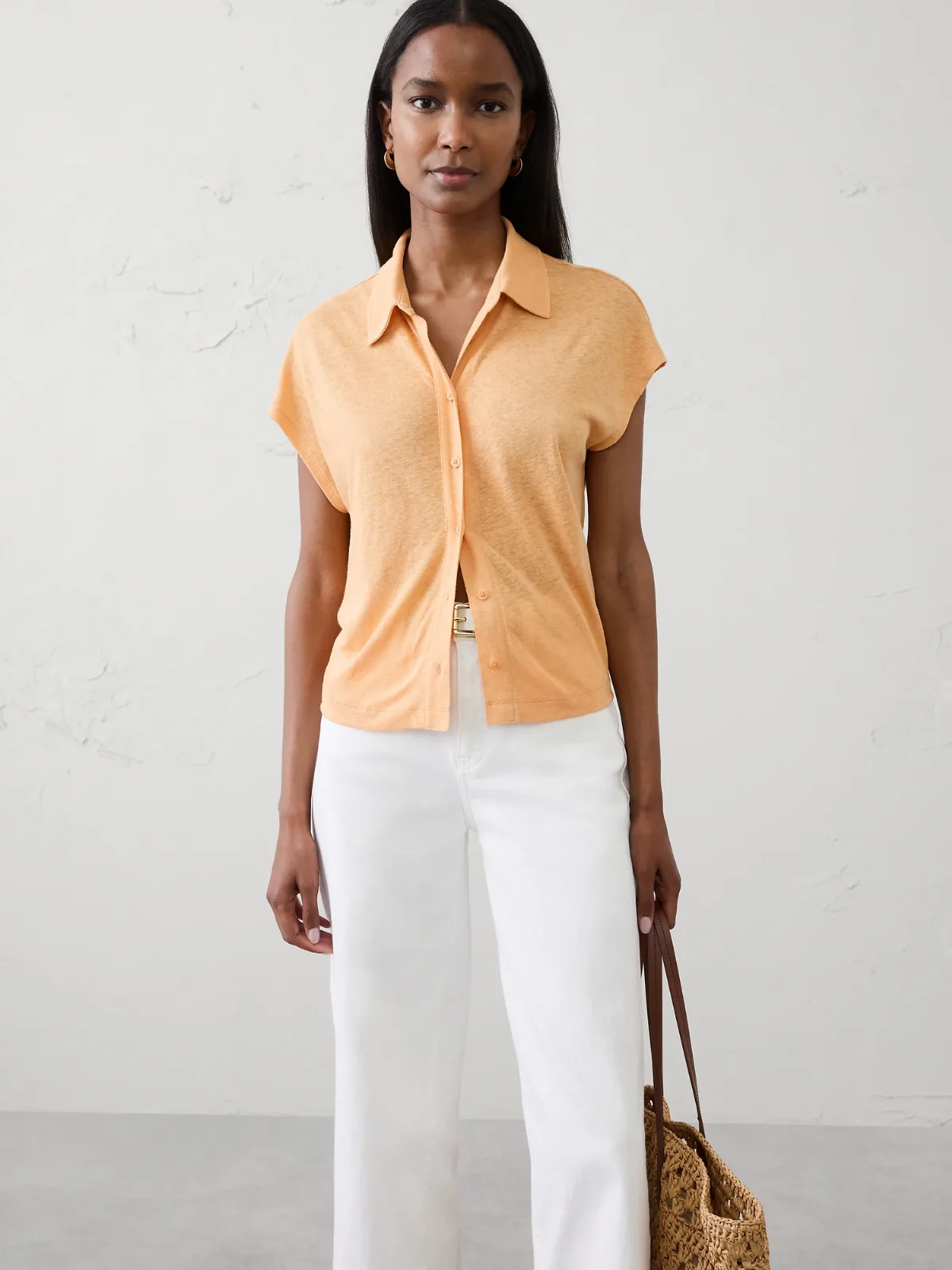 Linen-Blend Collared Top by Banana Republic