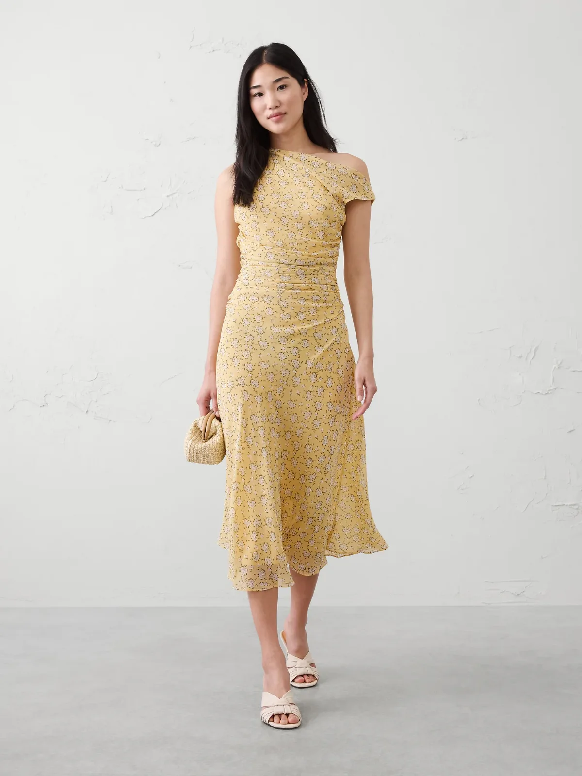 Asymmetrical Side-Ruched Midi Dress