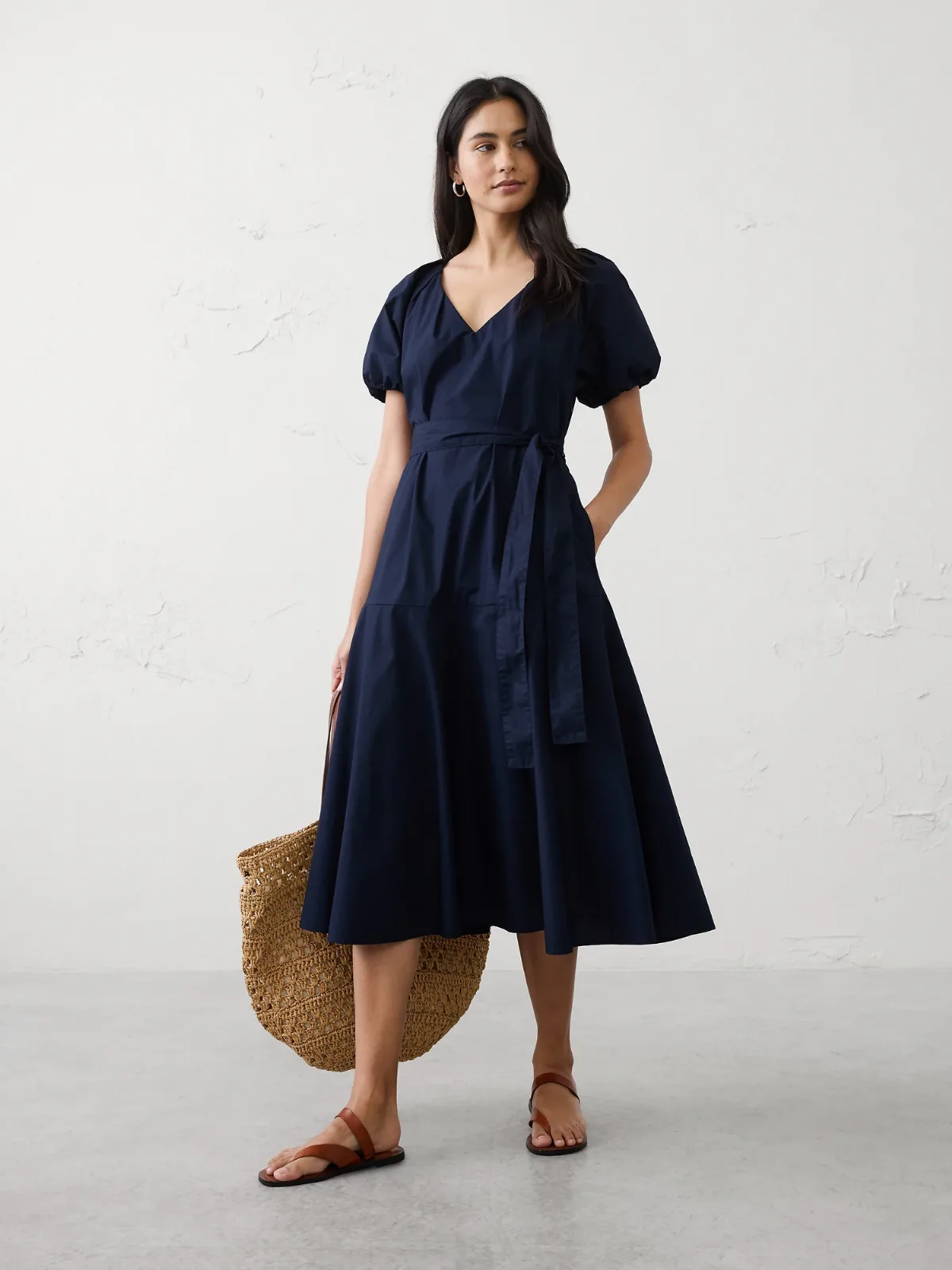 Poplin Gathered-Shoulder Midi Dress by Banana Republic