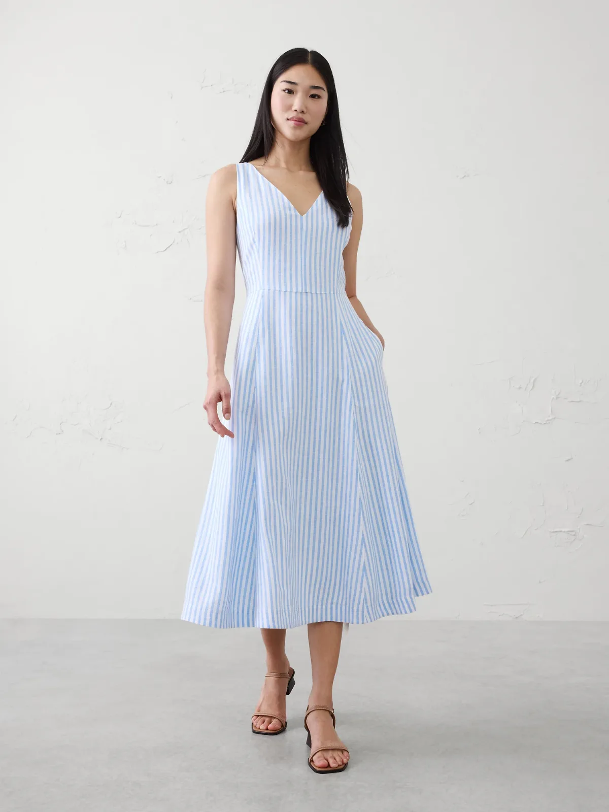 Linen-Blend Drapey Midi Dress