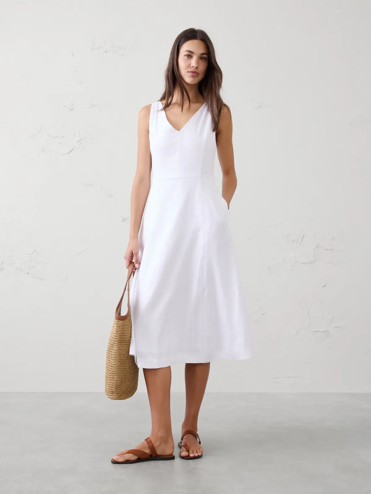 Linen-Blend Drapey Midi Dress by Banana Republic