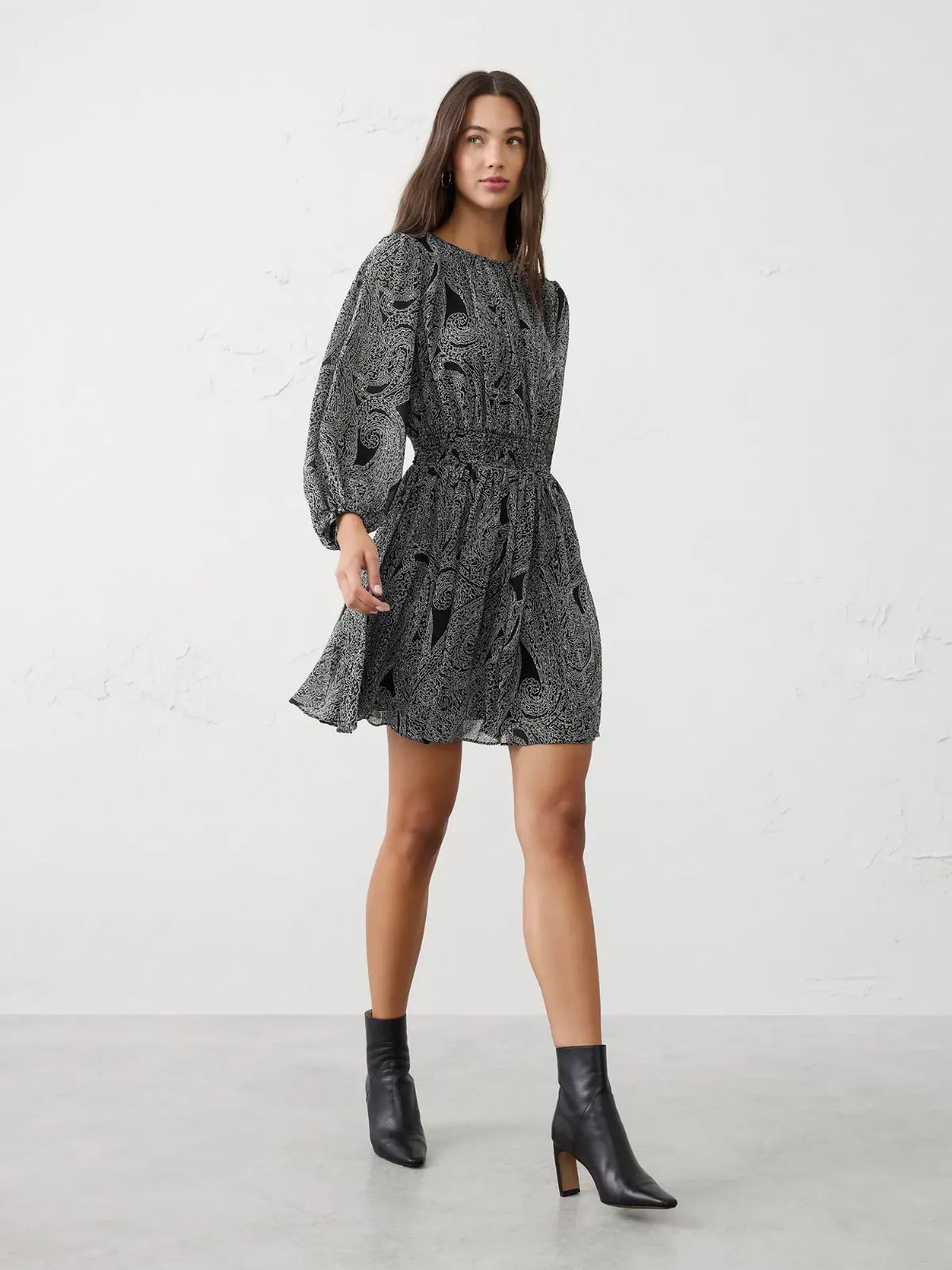 Smocked Volume-Sleeve Mini Fit-and-Flare Dress