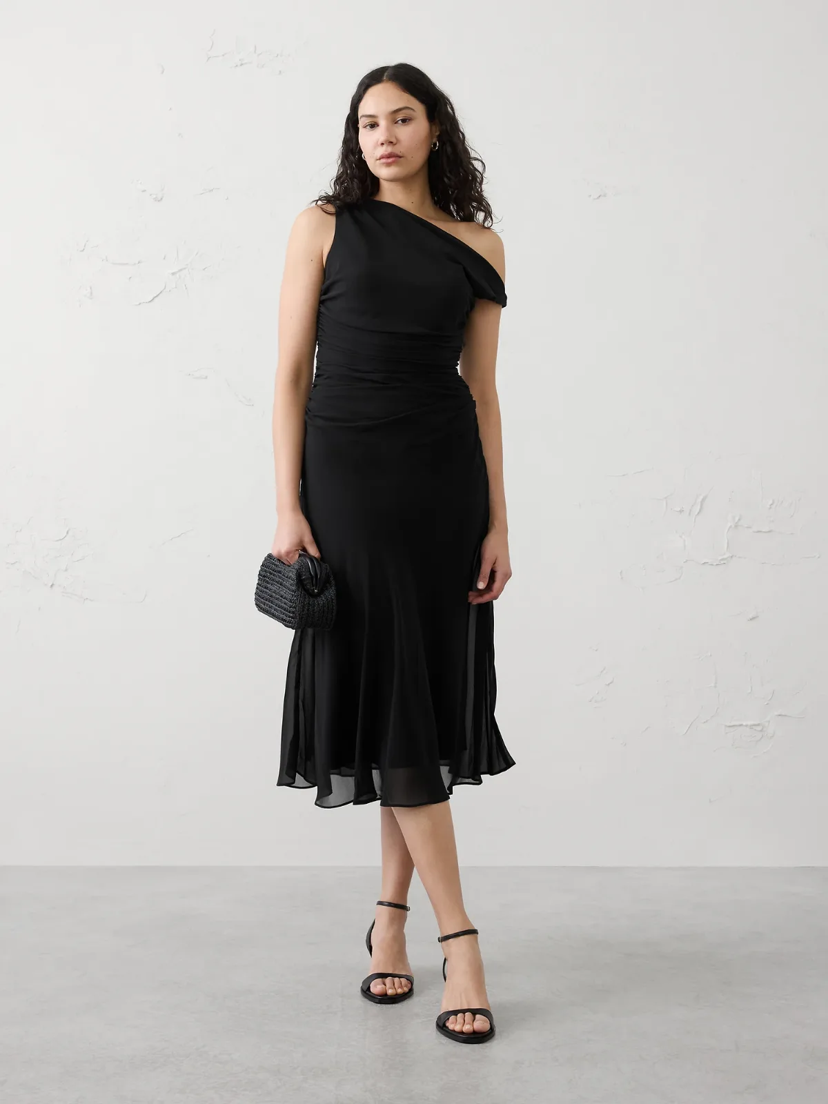 Asymmetrical Side-Ruched Midi Dress