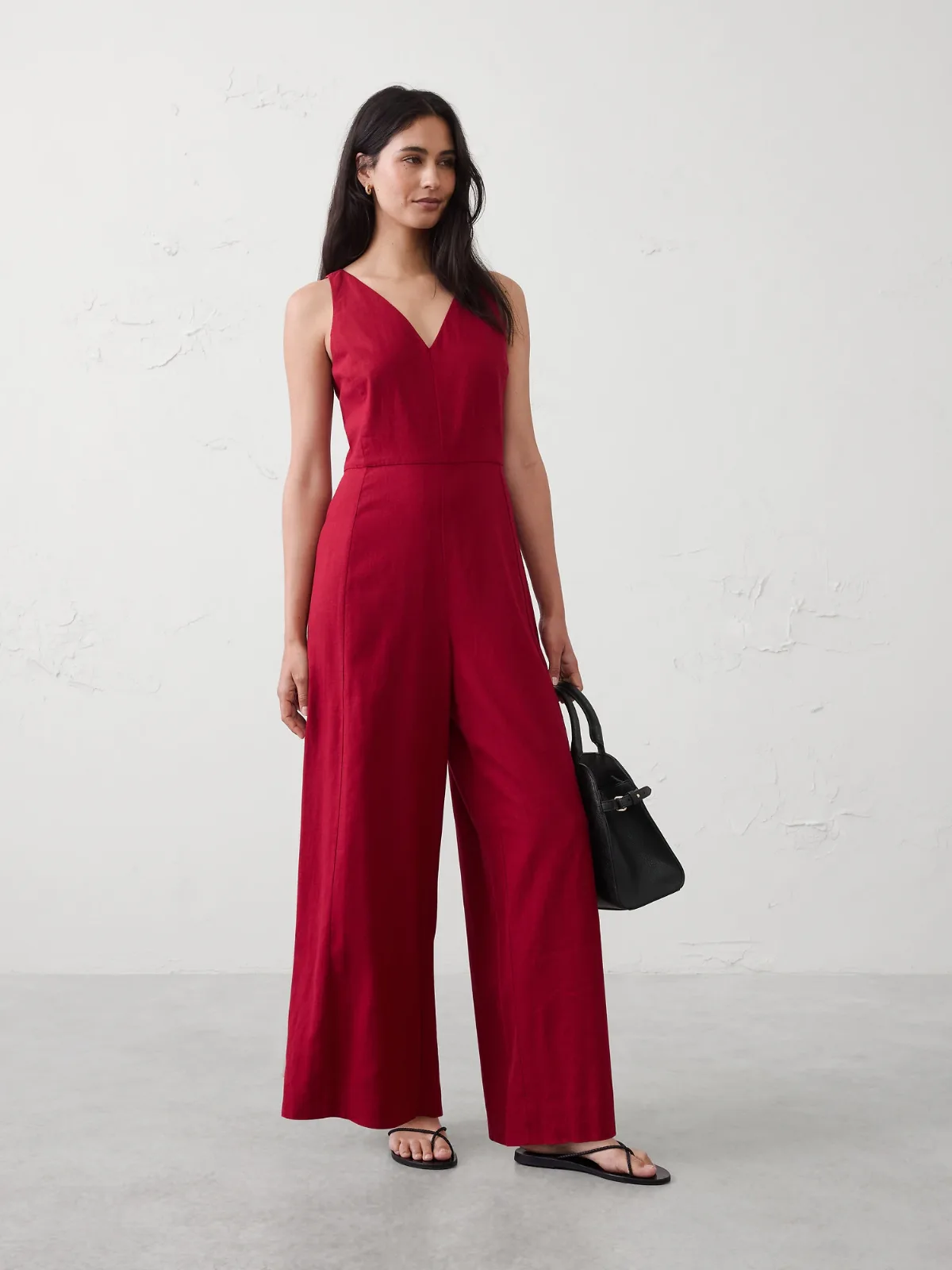 Linen-Blend Vee-Neck Jumpsuit