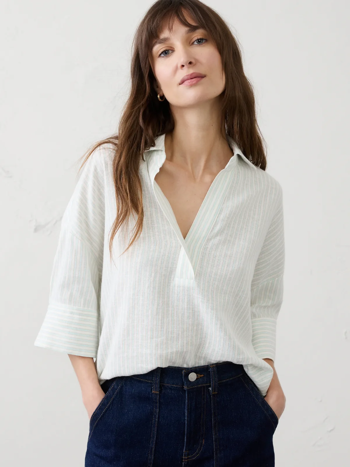 Linen-Blend Drapey Popover Shirt