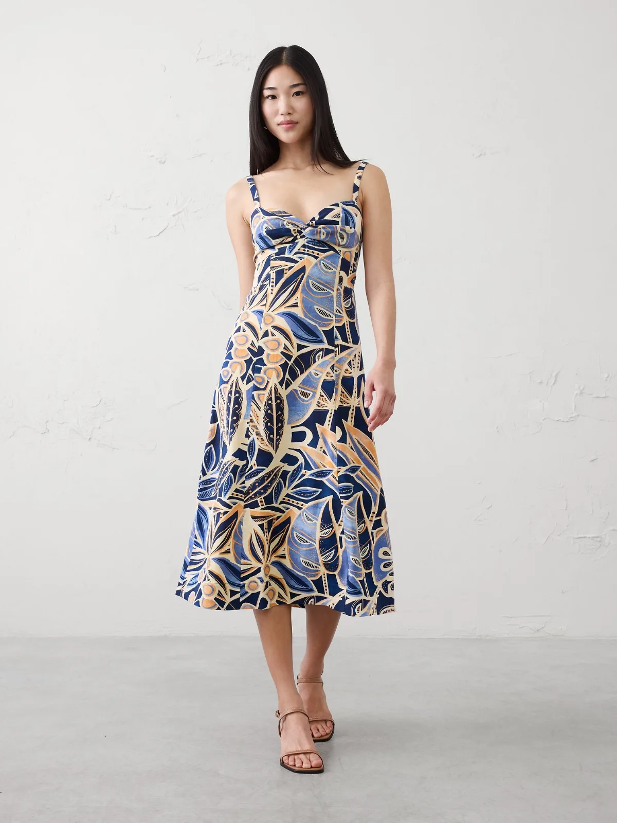 Linen-Blend Strappy Twist-Front Midi Dress