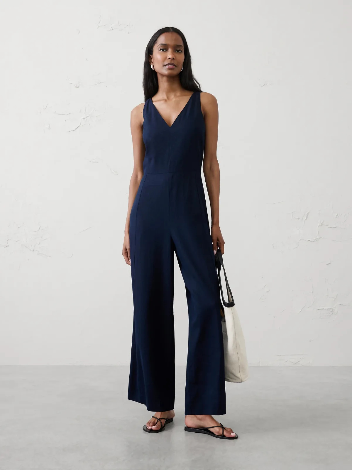 Linen-Blend Vee-Neck Jumpsuit