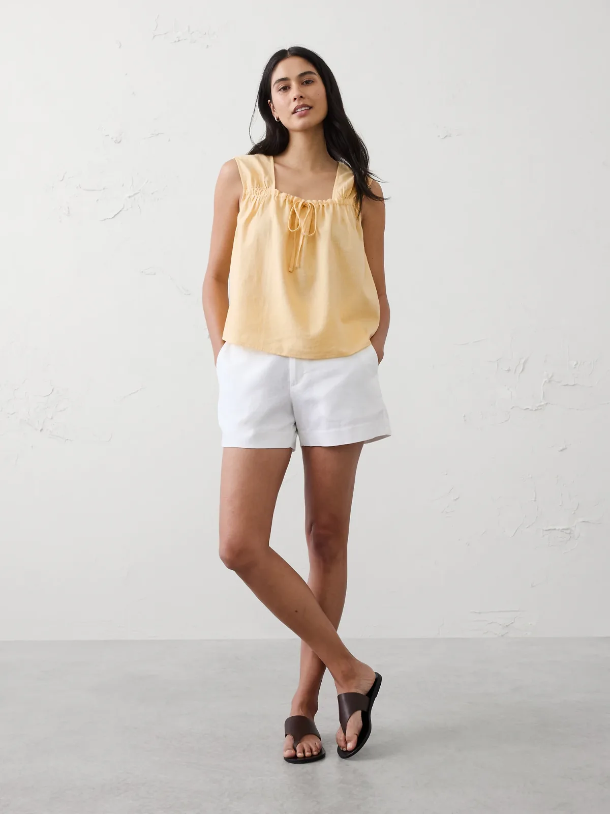 Linen-Blend Tied Popover Top by Banana Republic
