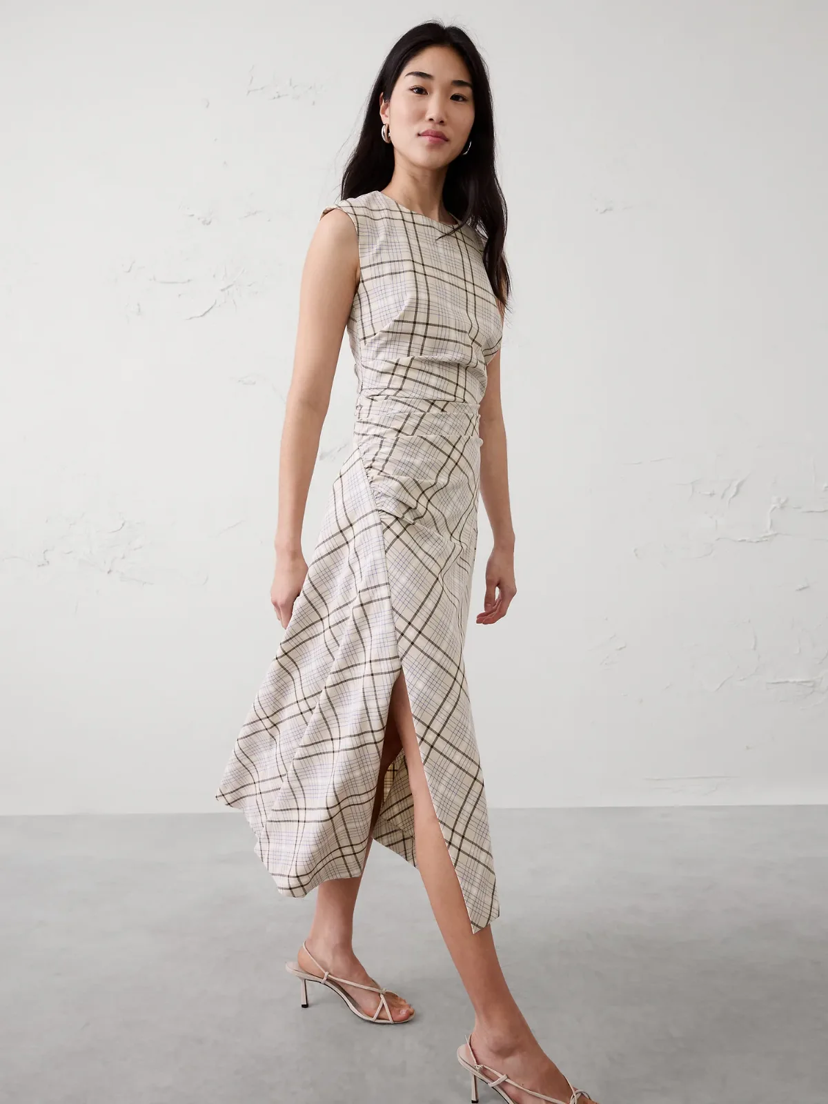 High-Neck Shirred Midi Dress