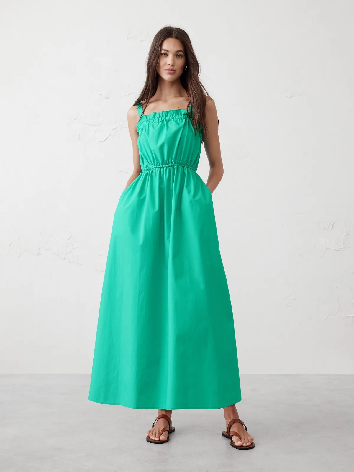Poplin Elastic-Gather Midi Dress