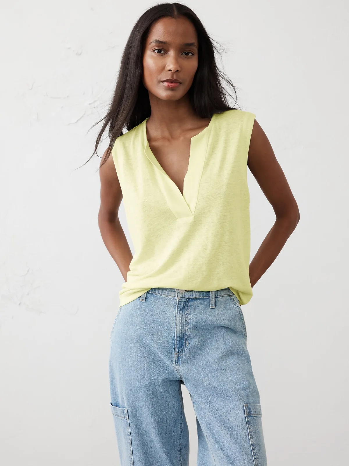 Linen-Blend Split-Neck Tank by Banana Republic