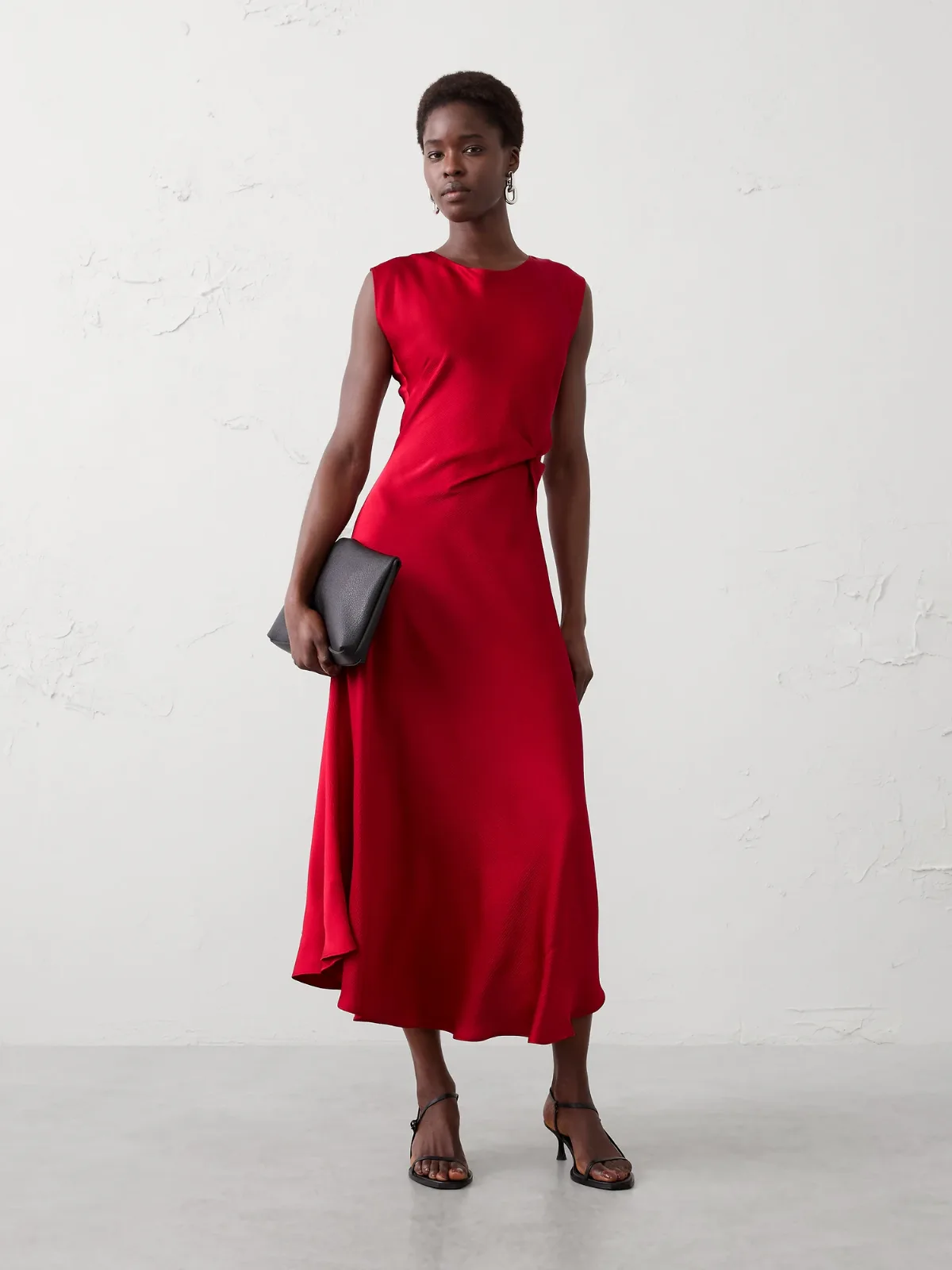 Boatneck Twist-Front Satin Midi Dress by Banana Republic