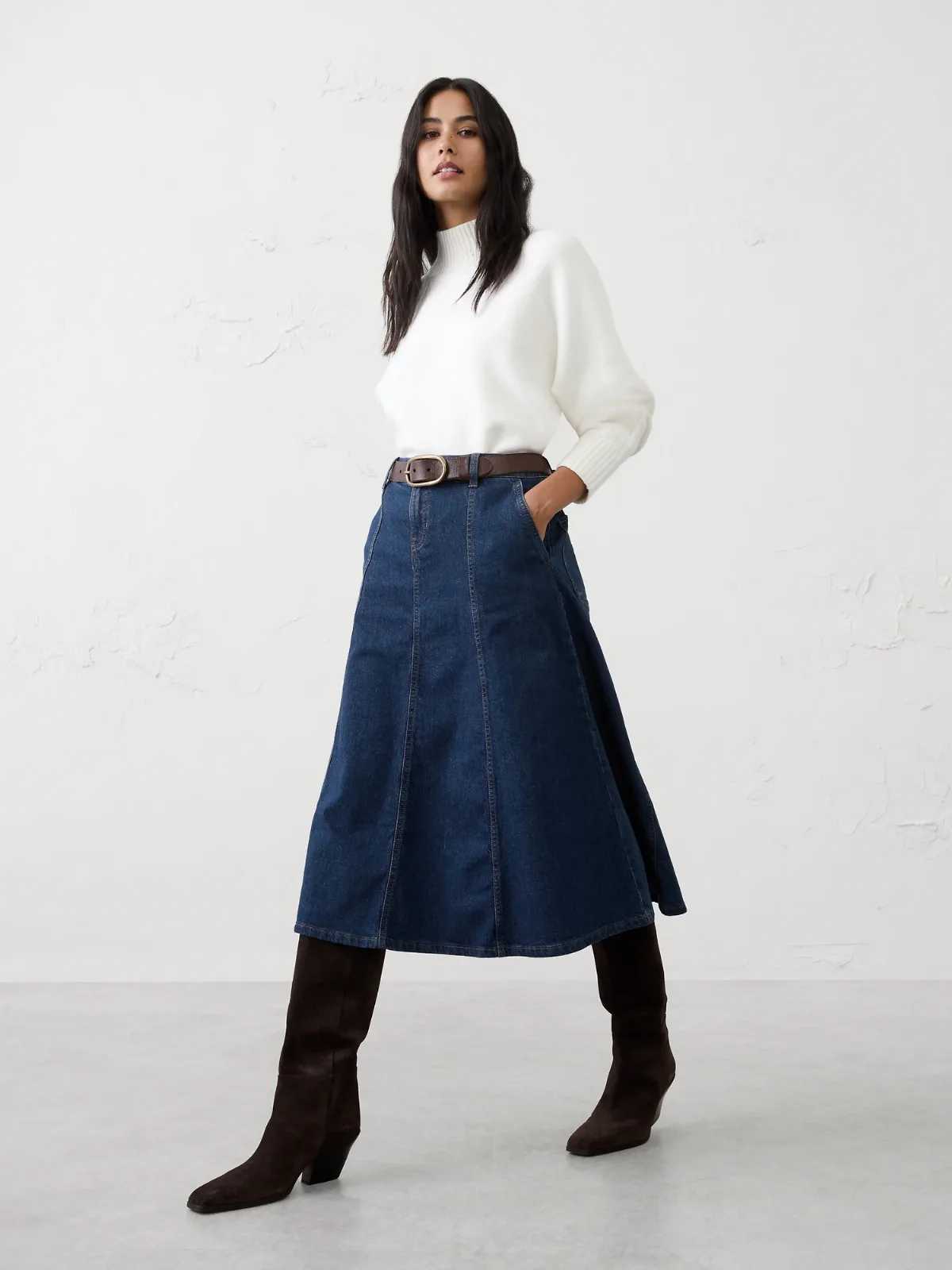 Denim Flared Midi Skirt