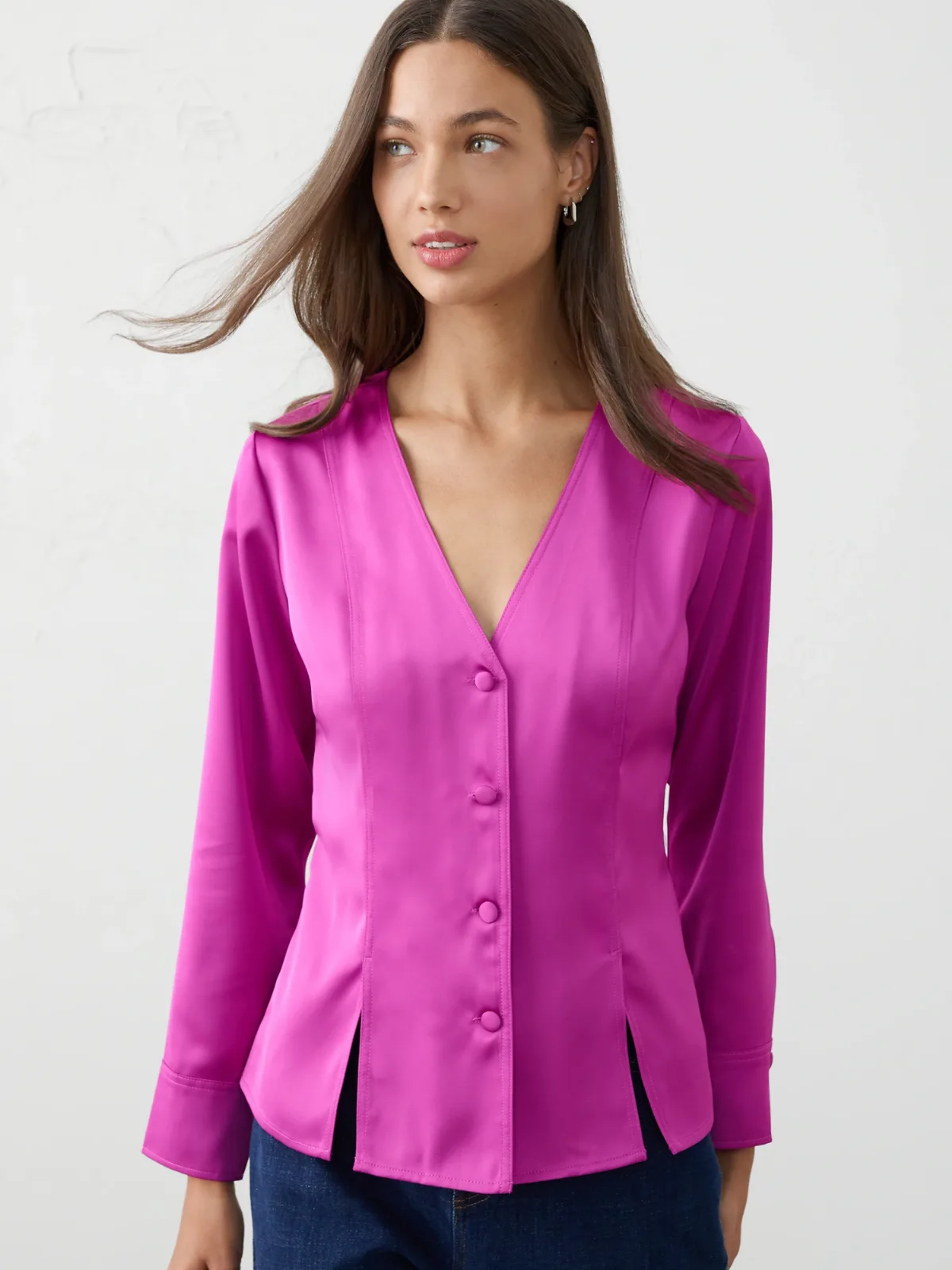 Silky Seamed Slit Blouse