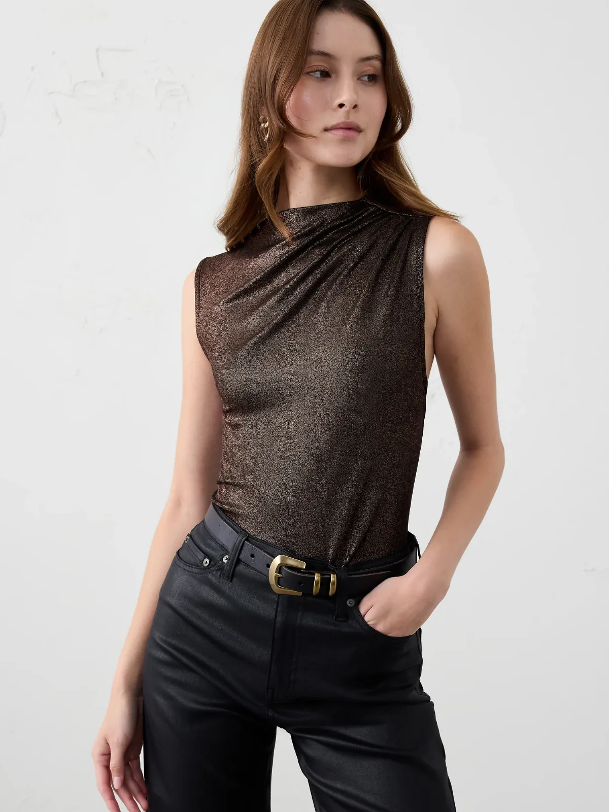 Foiled Ribbed Draped-Shoulder Top