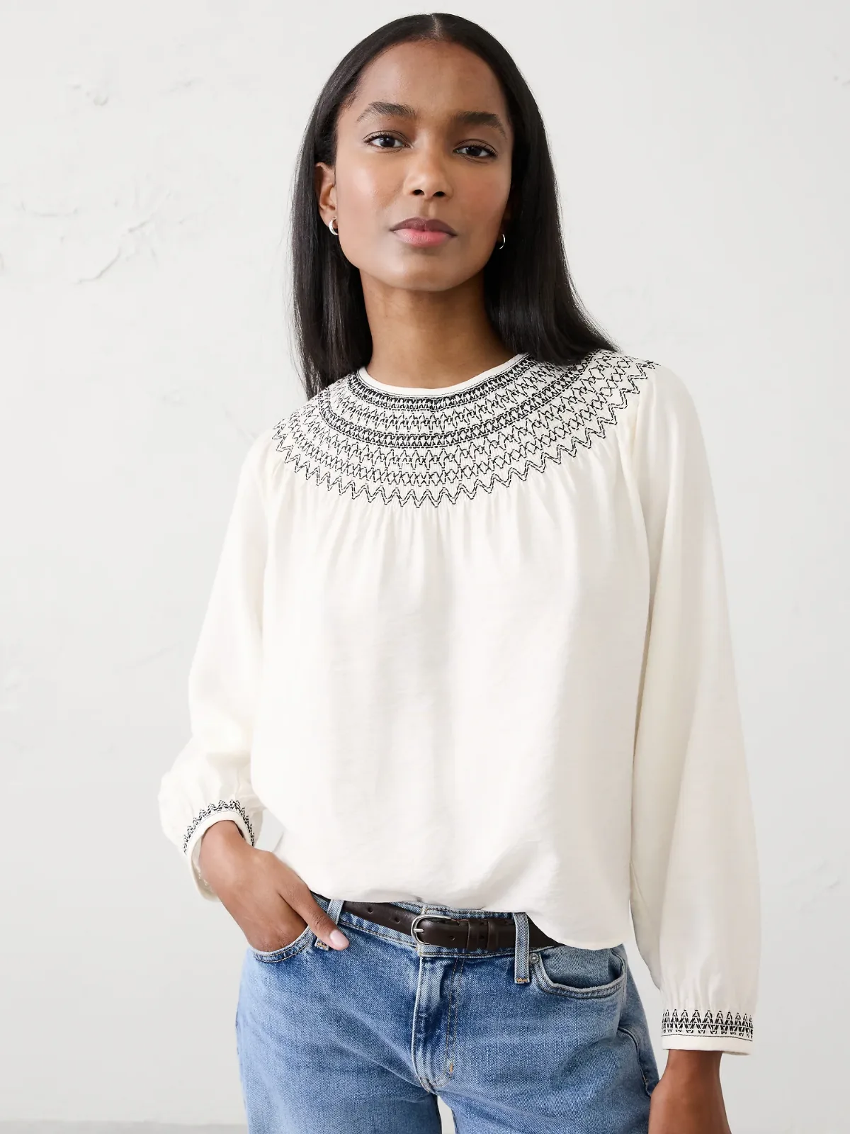Embroidered-Neck Top by Banana Republic