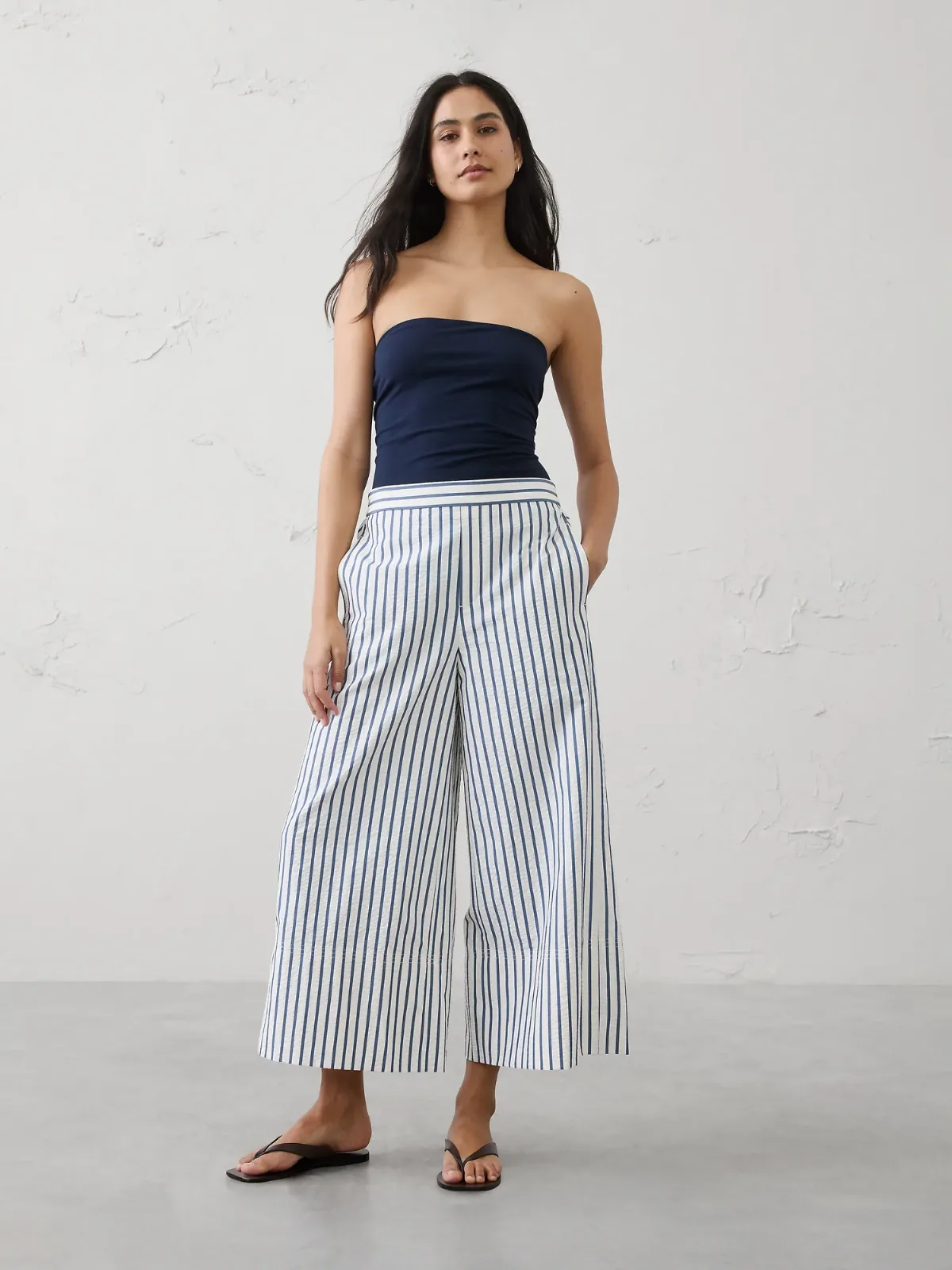 Anyday Wide-Leg High-Rise Seersucker Cropped Pant