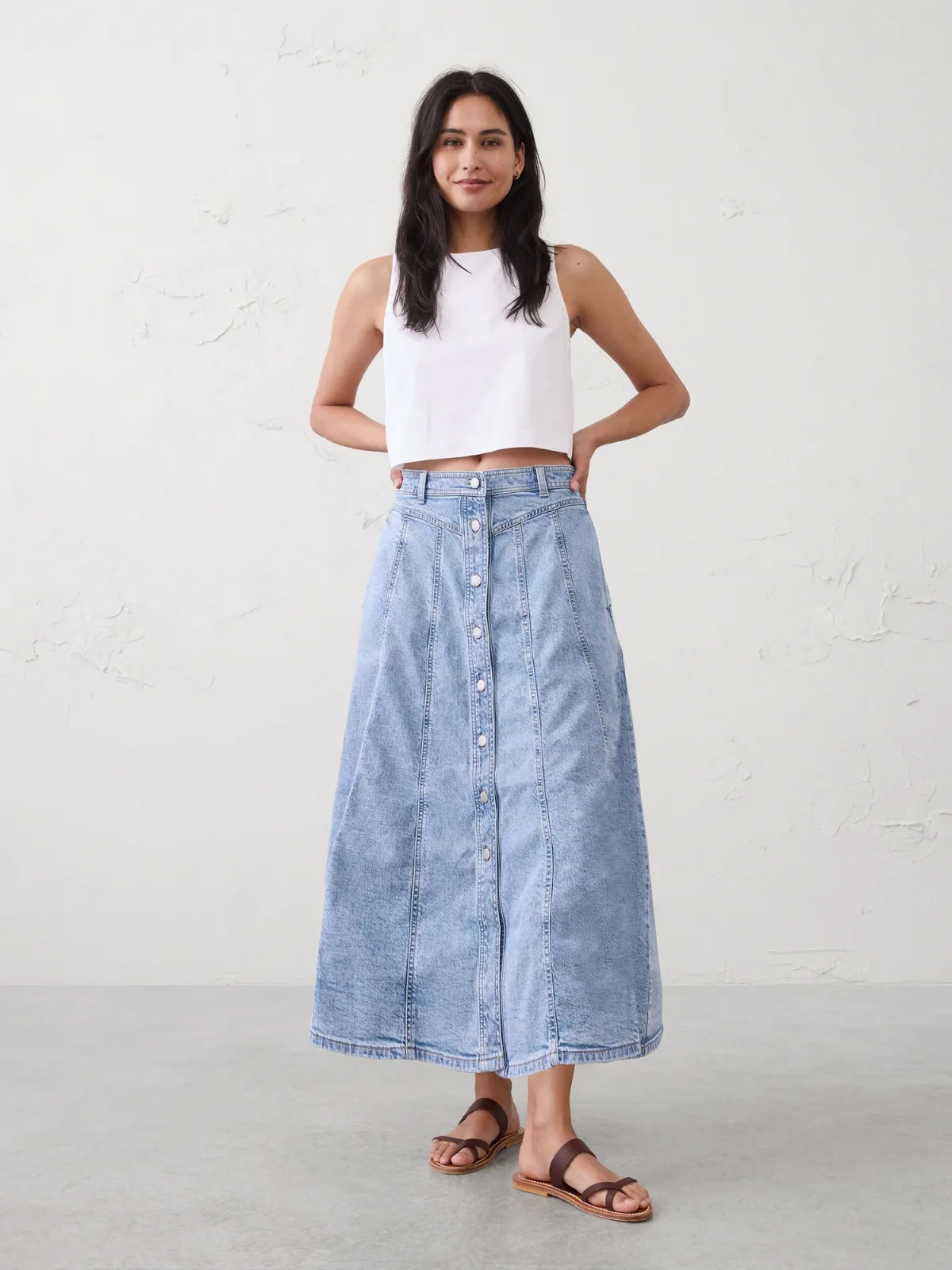 Denim Seamed Midi Skirt