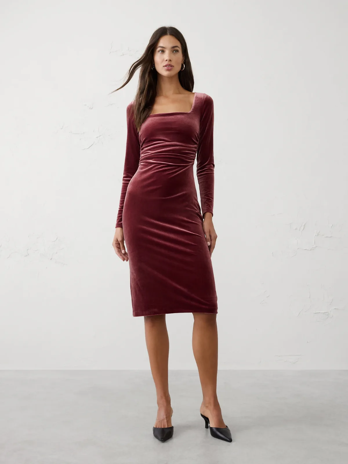 Velvet Shirred-Waist Below-Knee Dress by Banana Republic