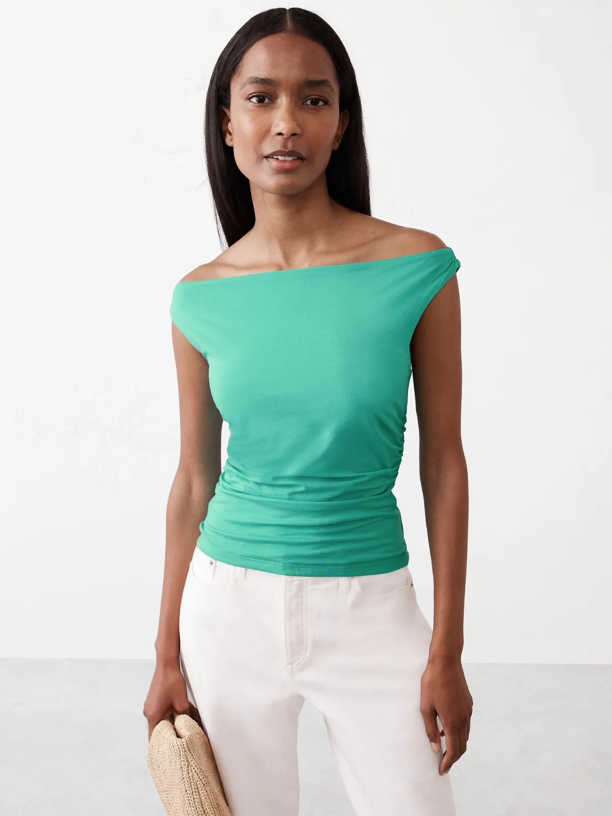 Soft Stretch Shirred-Waist Boatneck Top