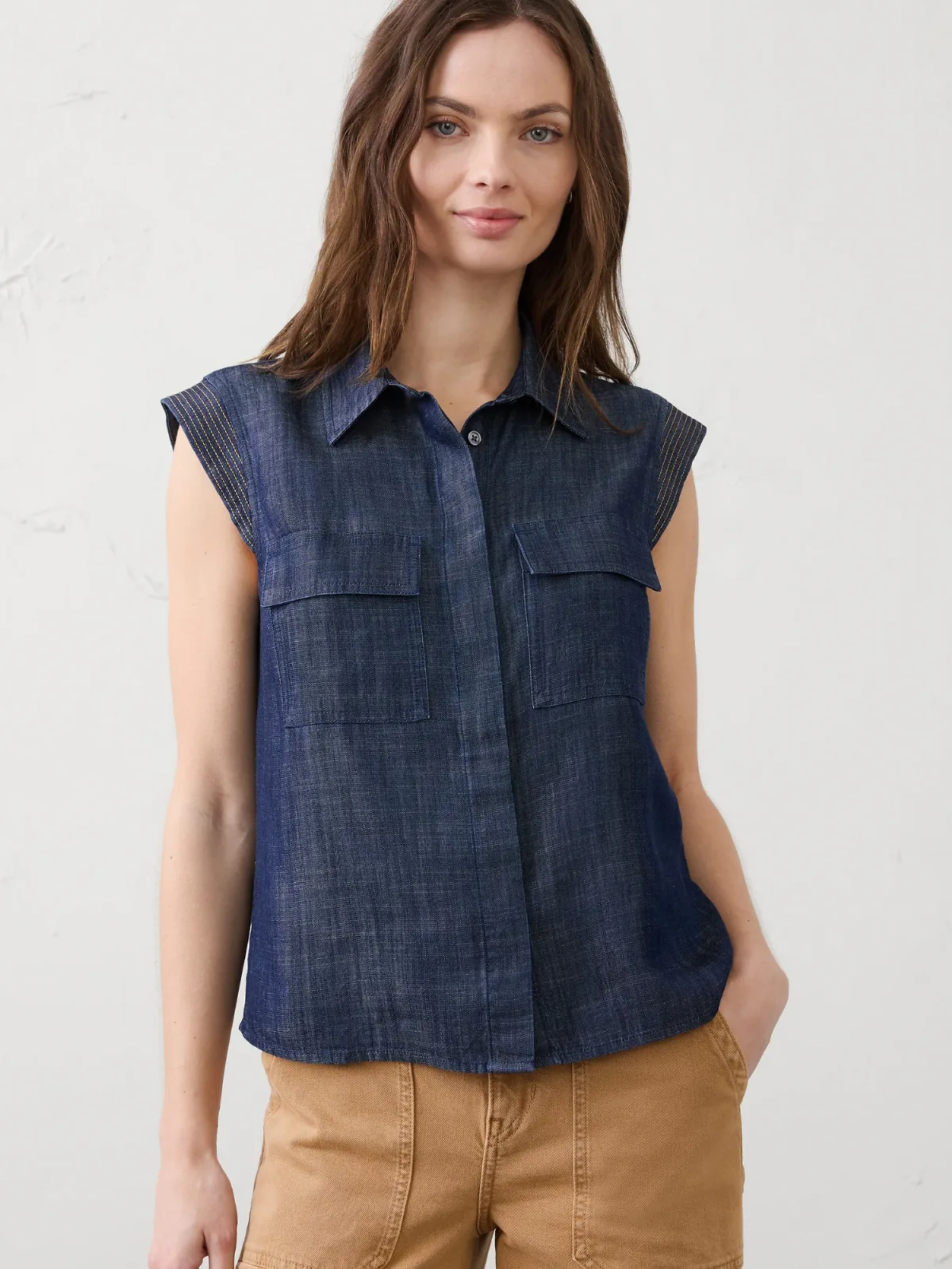 Denim Trapunto Cap-Sleeve Shirt by Banana Republic