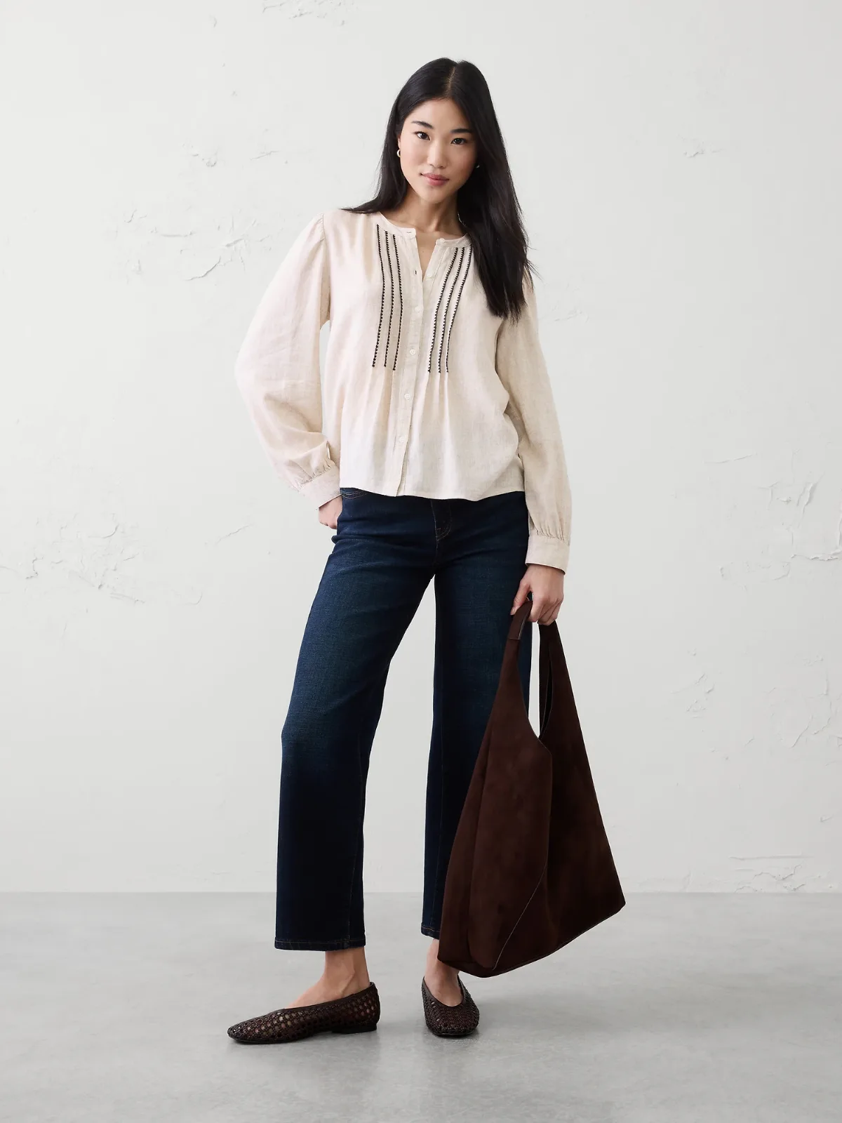 Linen-Blend Drapey Embroidered Top by Banana Republic