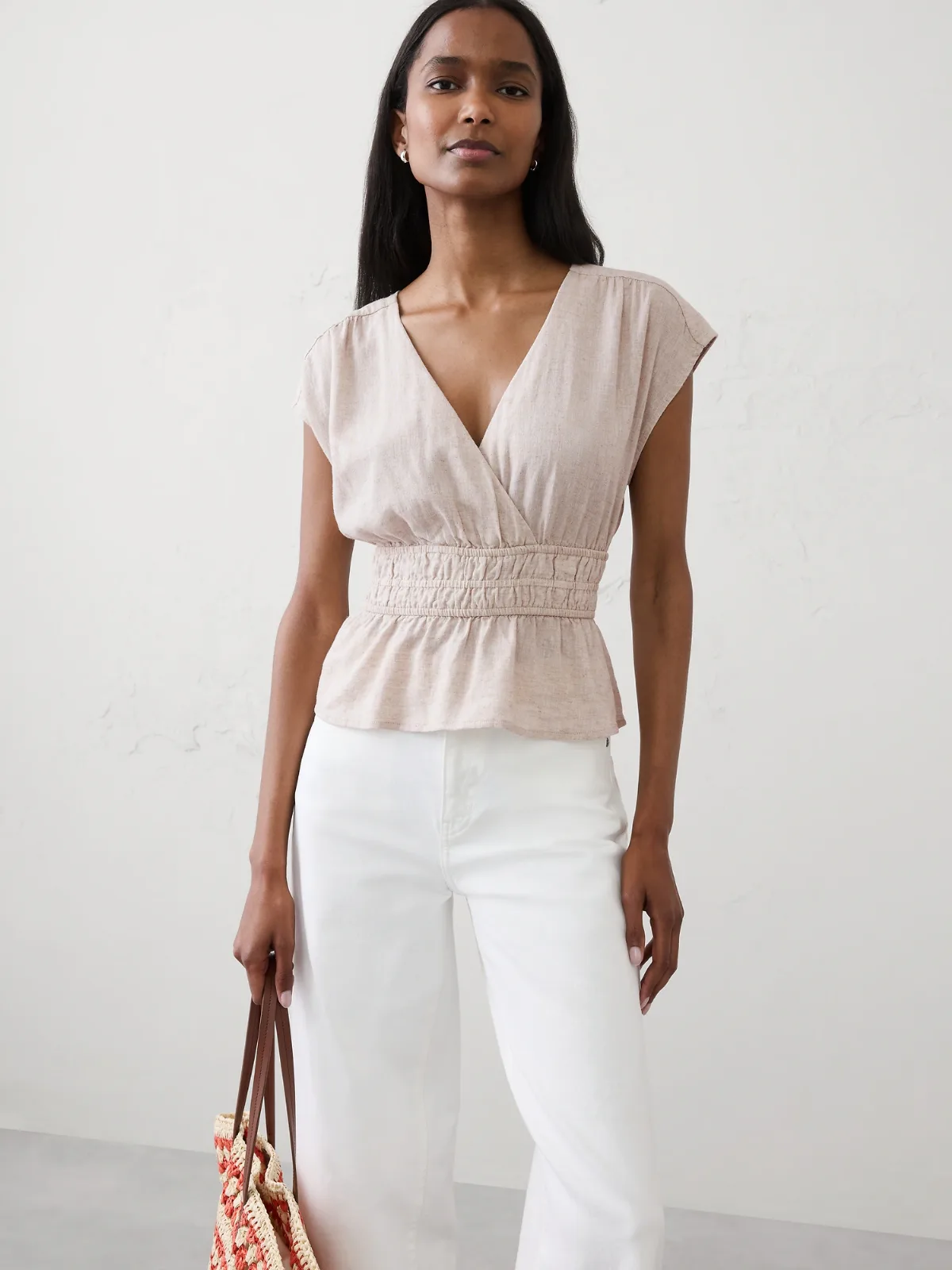 Linen-Blend Elastic Surplice Top by Banana Republic
