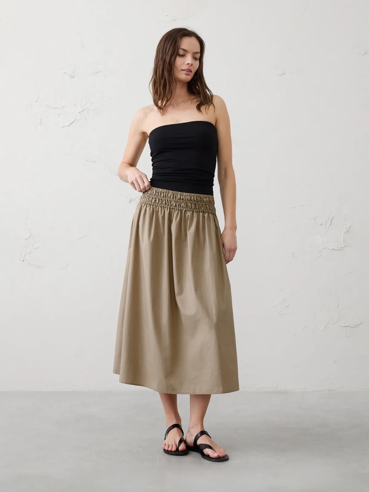 Poplin Smocked-Waist Midi Skirt by Banana Republic