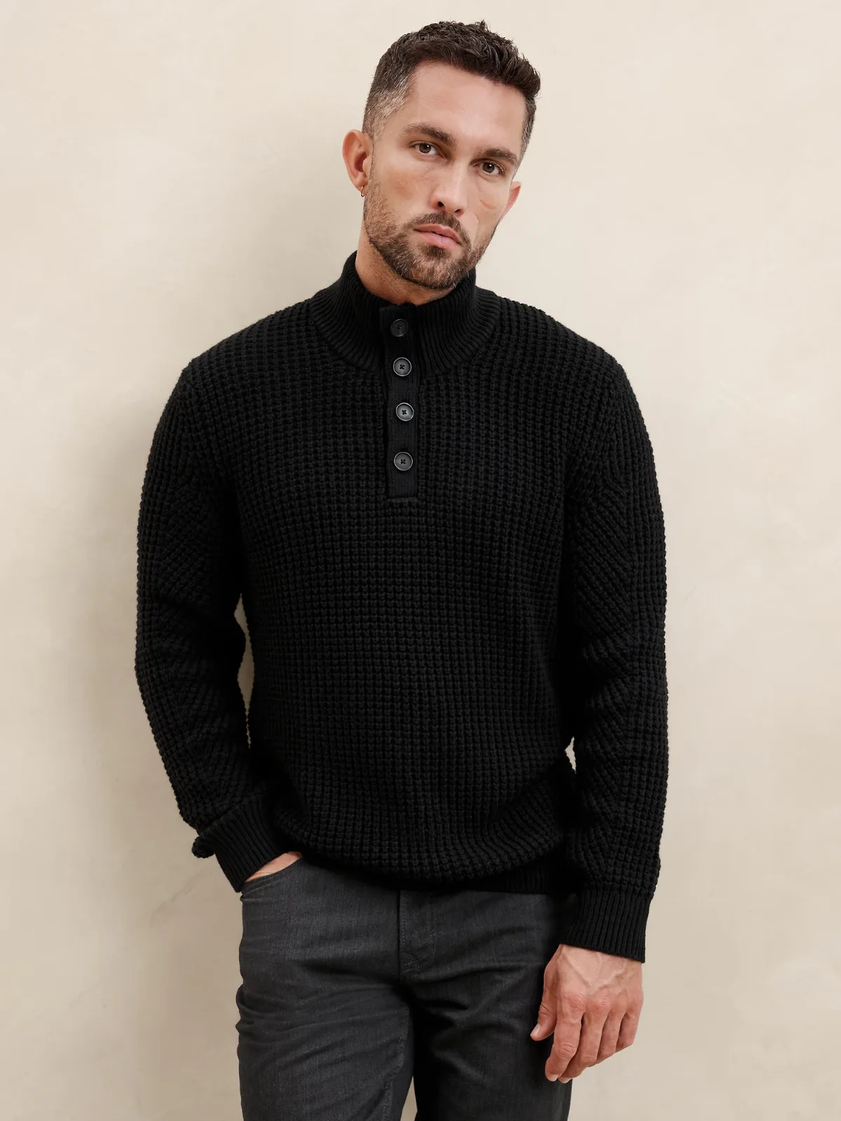 Chunky Waffle Buttoned-Neck Sweater by Banana Republic