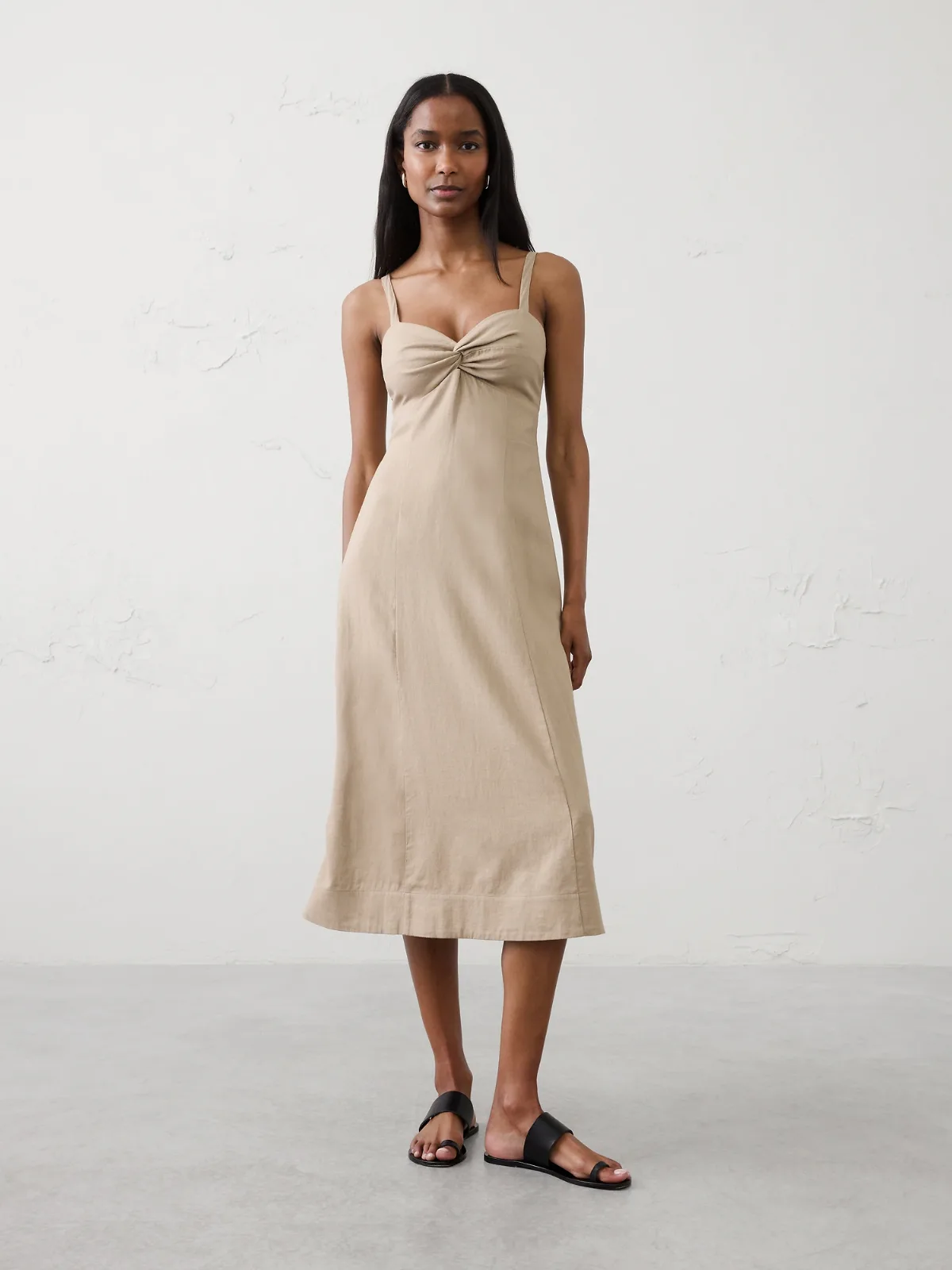 Linen-Blend Strappy Twist-Front Midi Dress