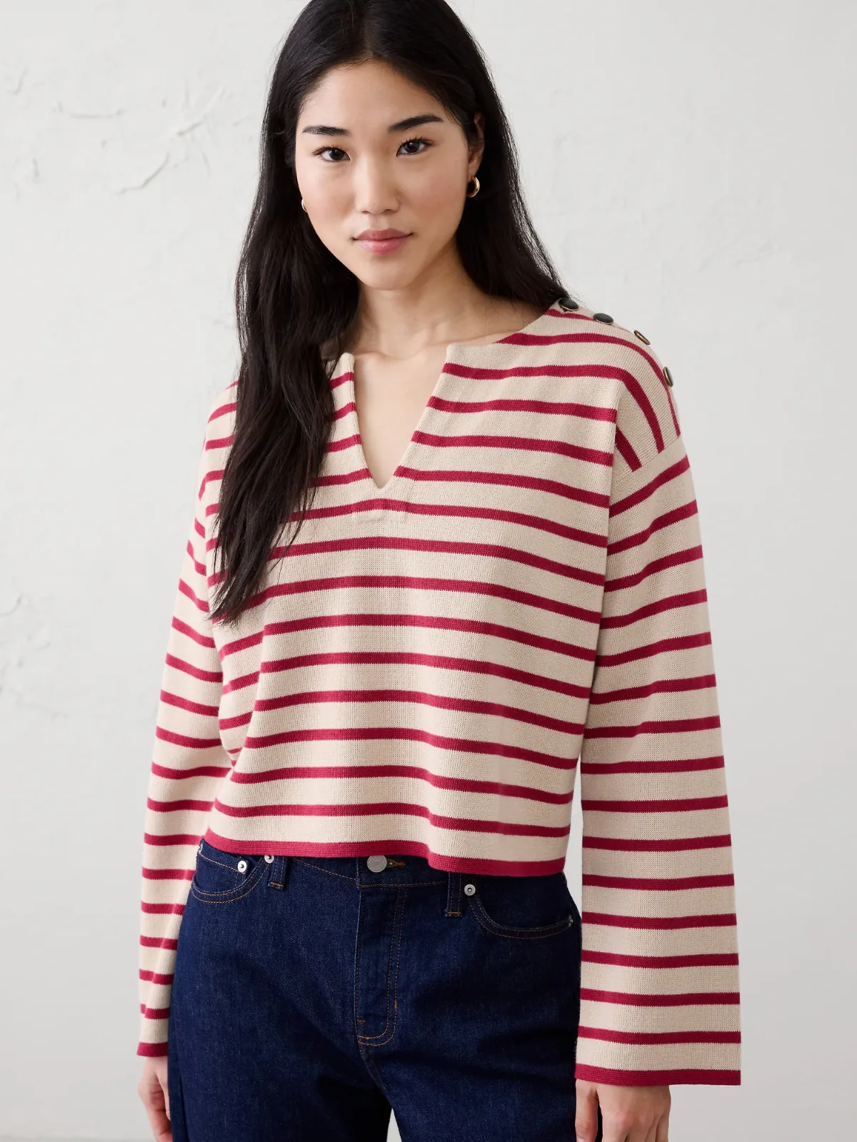 Striped Button Notch-Neck Sweater by Banana Republic