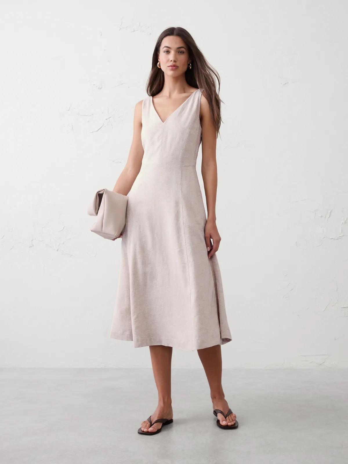 Linen-Blend Drapey Midi Dress