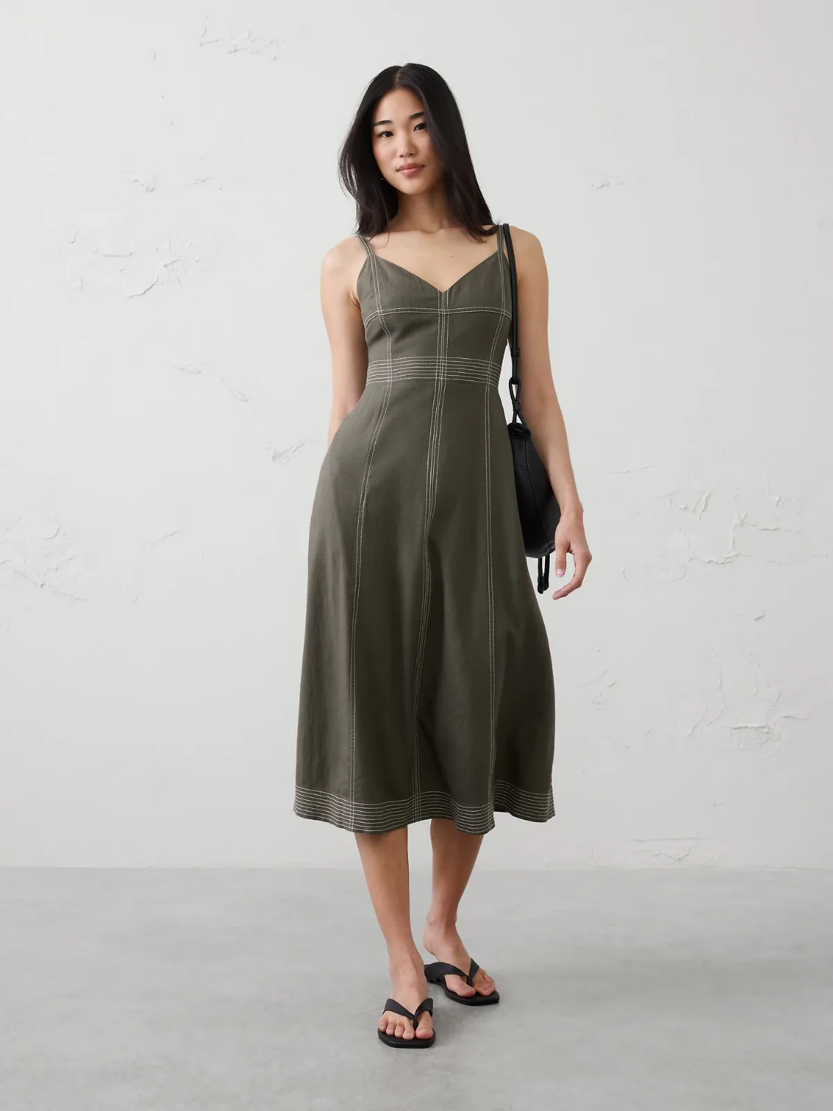 Linen-Blend Contrast Stitch Midi Dress by Banana Republic
