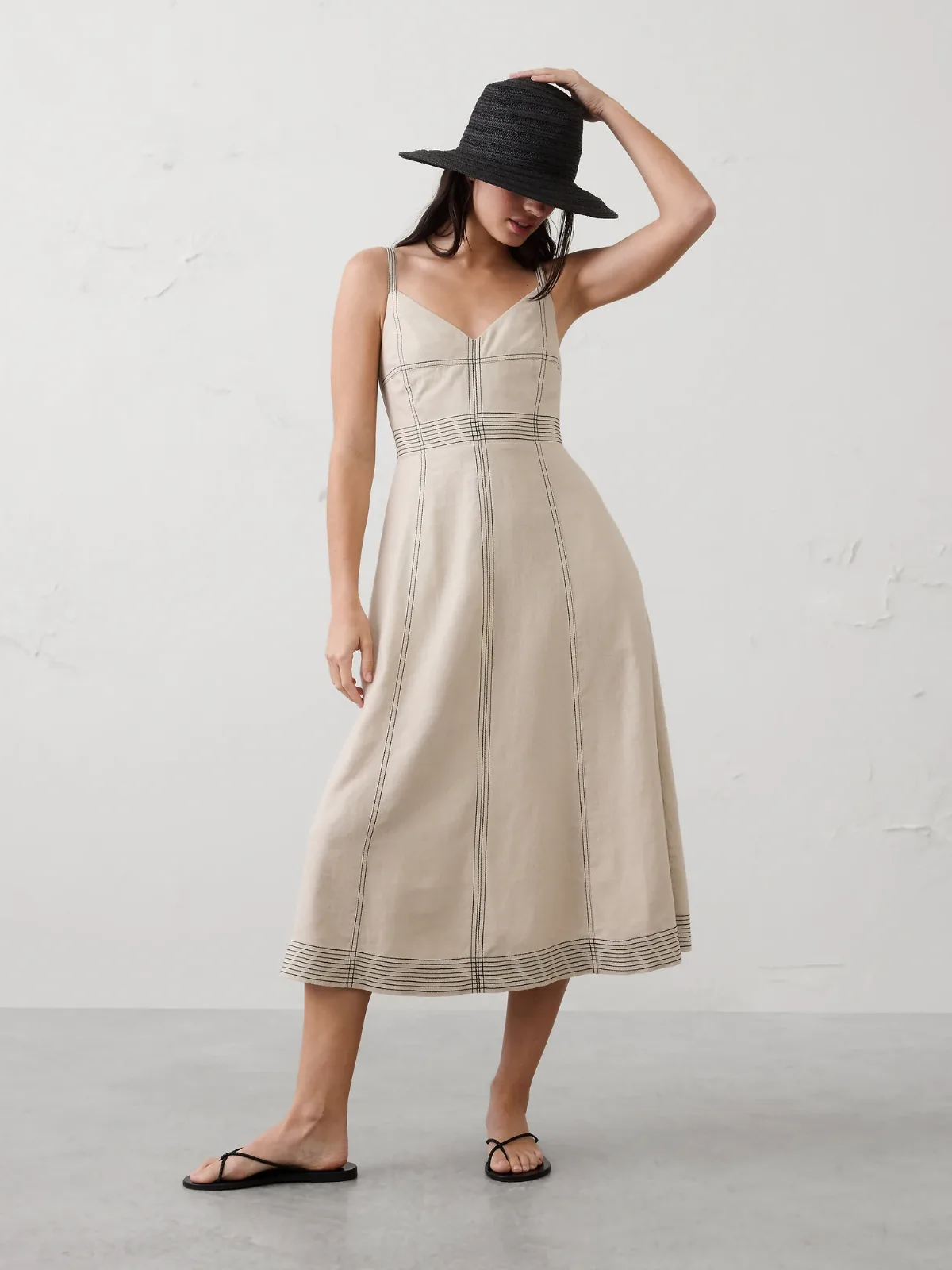 Linen-Blend Contrast Stitch Midi Dress