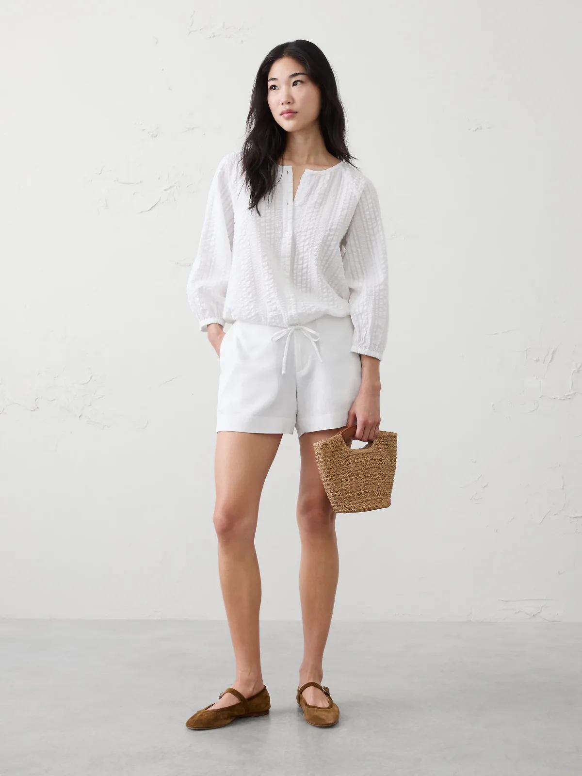 Blouson-Sleeve Buttoned Cloud Check Top by Banana Republic
