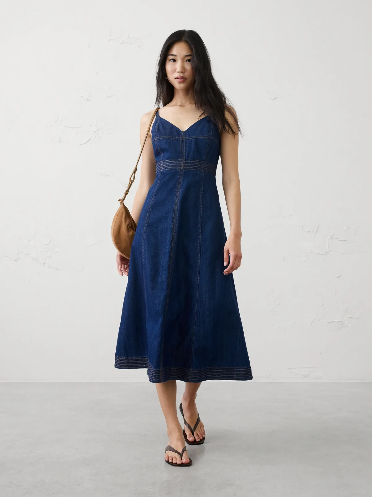 Denim Contrast Stitch Midi Dress