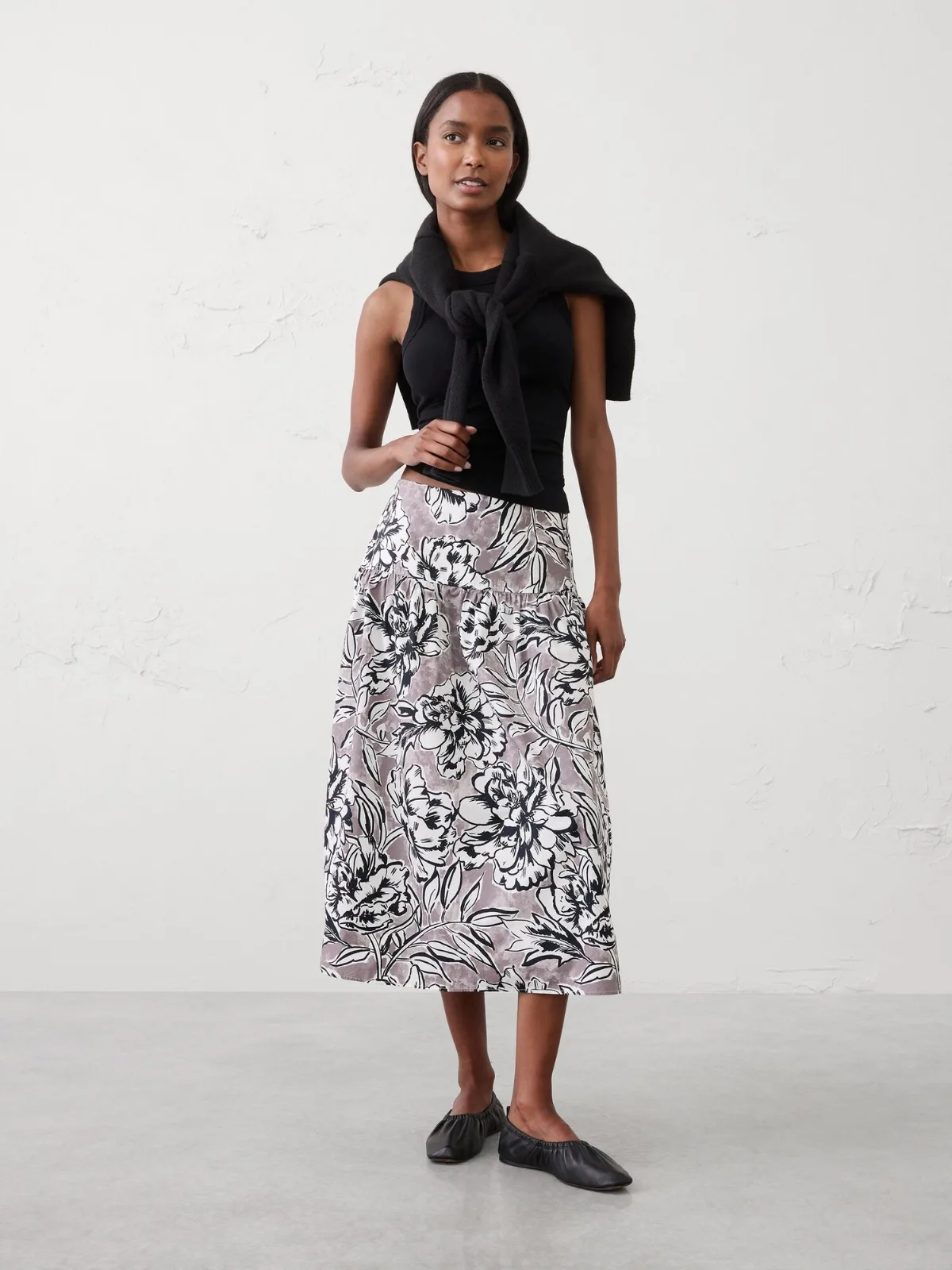 Poplin Drop-Waist Midi Skirt by Banana Republic