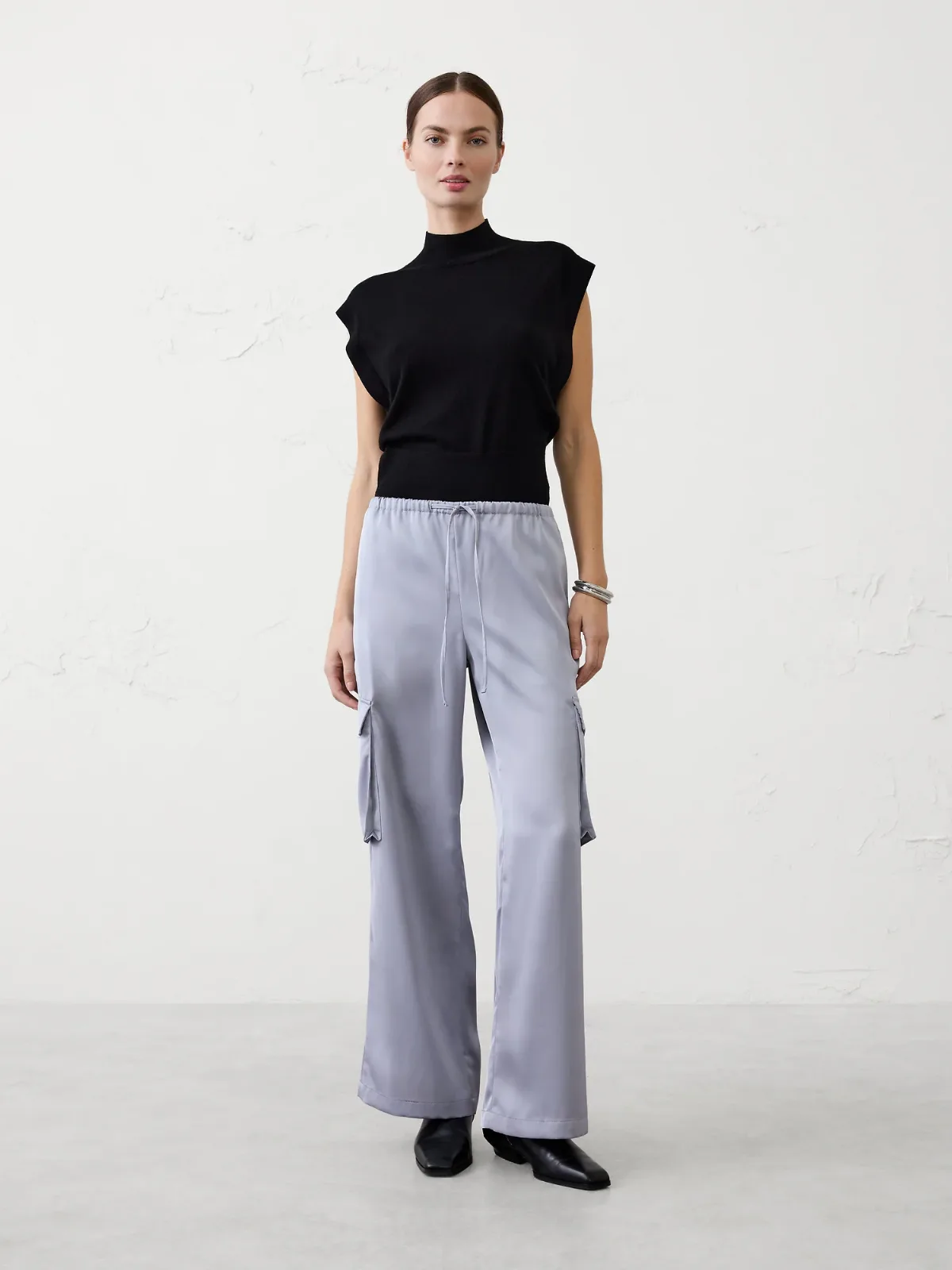 Wide-Leg Mid-Rise Satin Pull-On Cargo Pant by Banana Republic