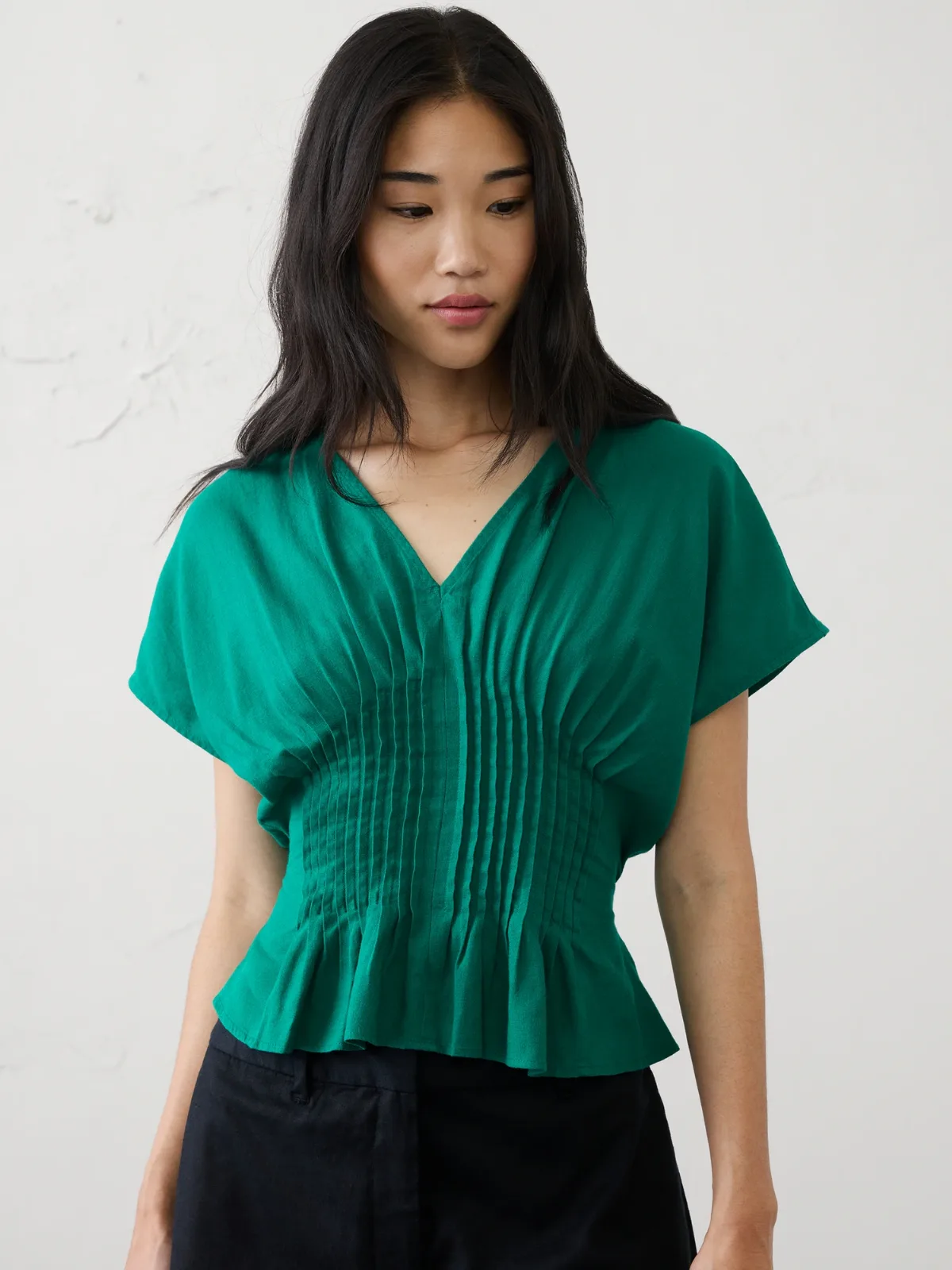 Linen-Blend Pintuck-Waist Top by Banana Republic