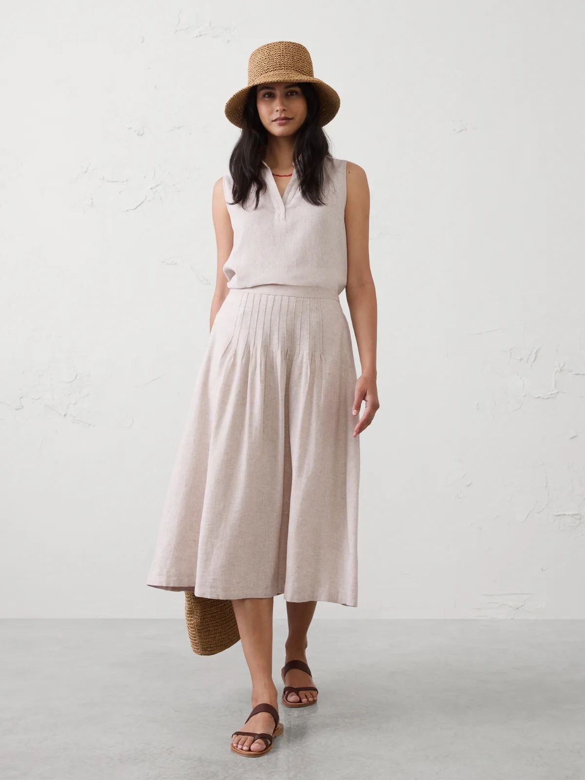 Linen-Blend Pintuck Midi Skirt by Banana Republic